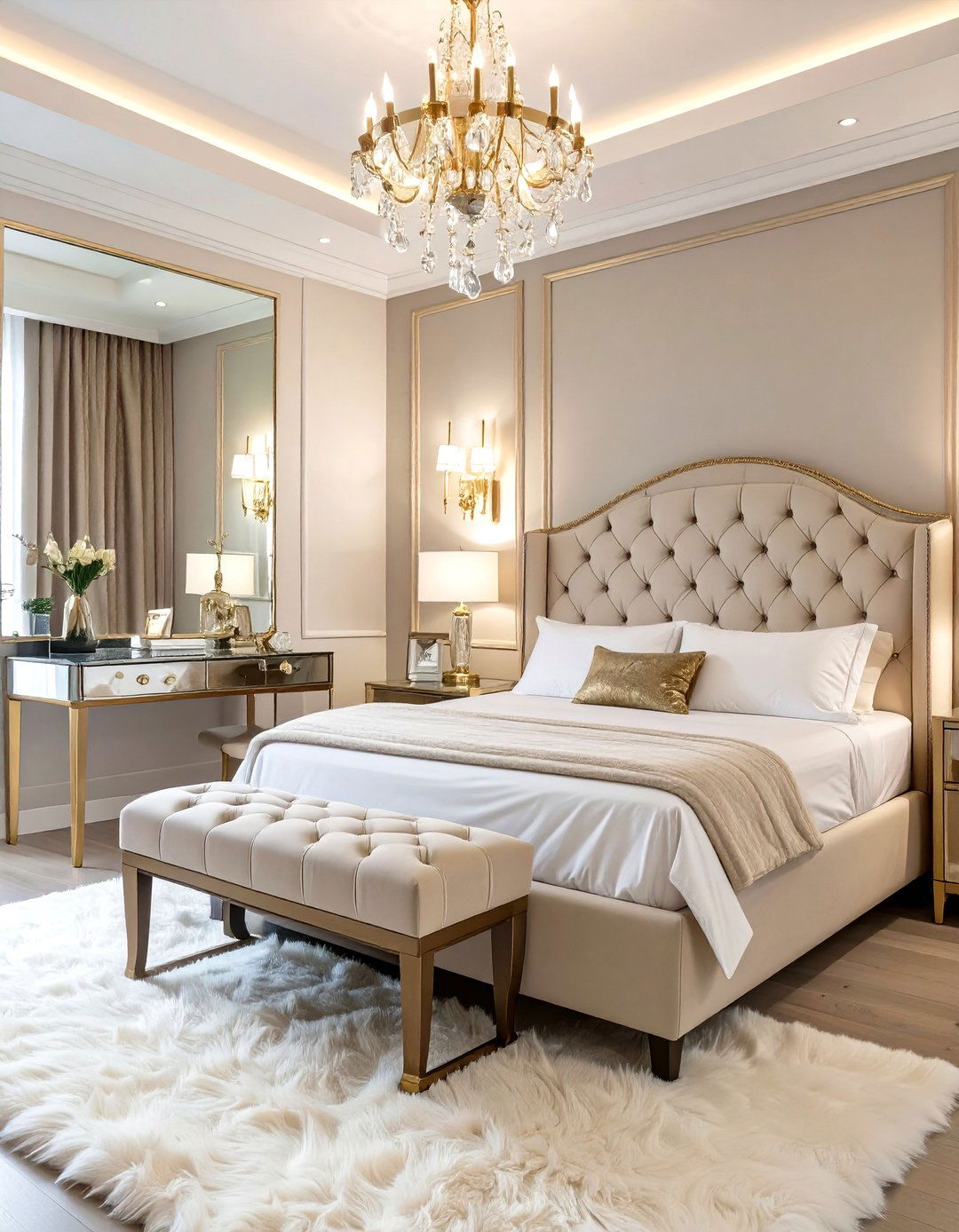 A Modern Glam Guest Room with a Mirrored Desk - 30 guest room office ideas