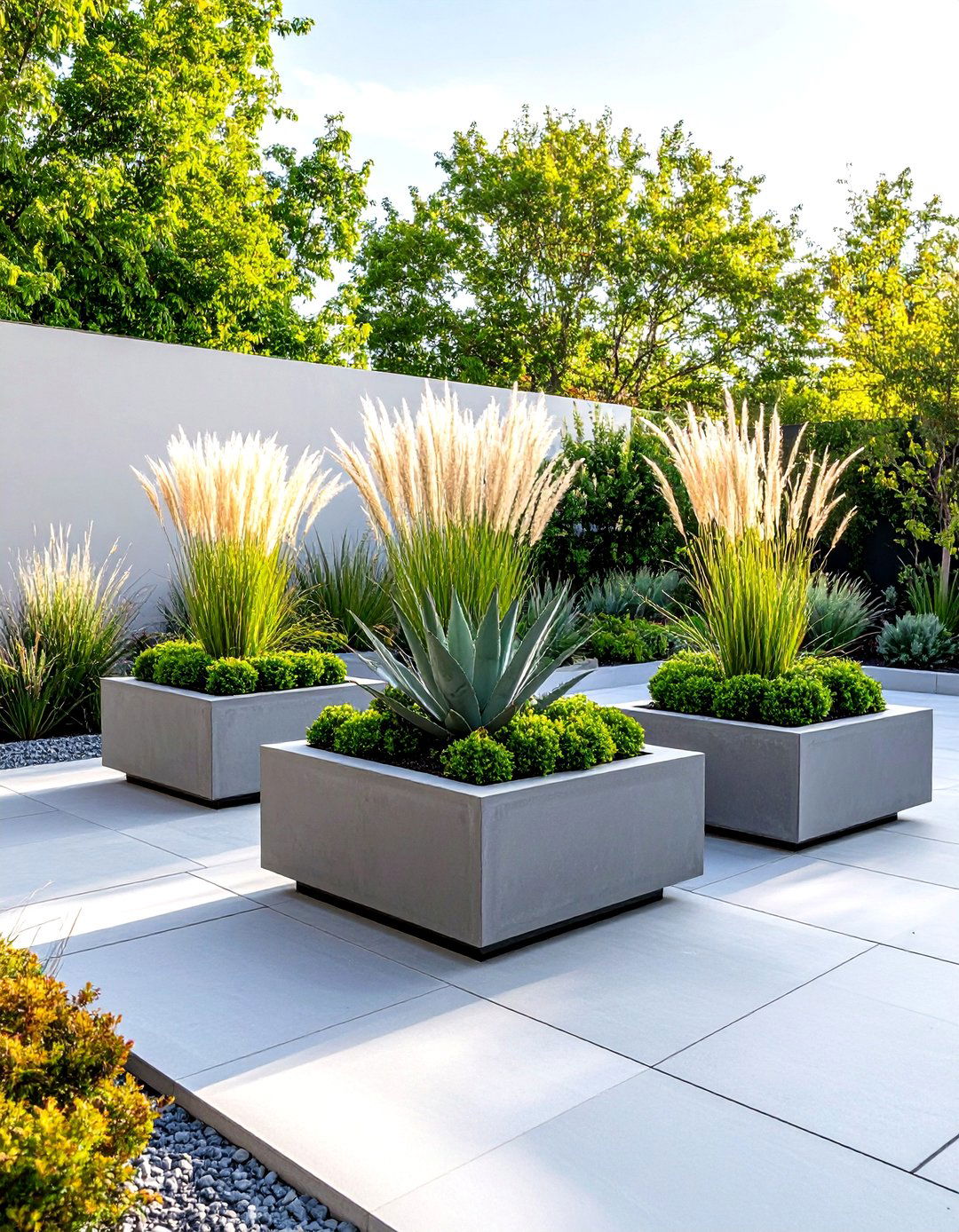 A Modern Minimalist Patio Garden with Concrete Planters - 30 patio garden ideas