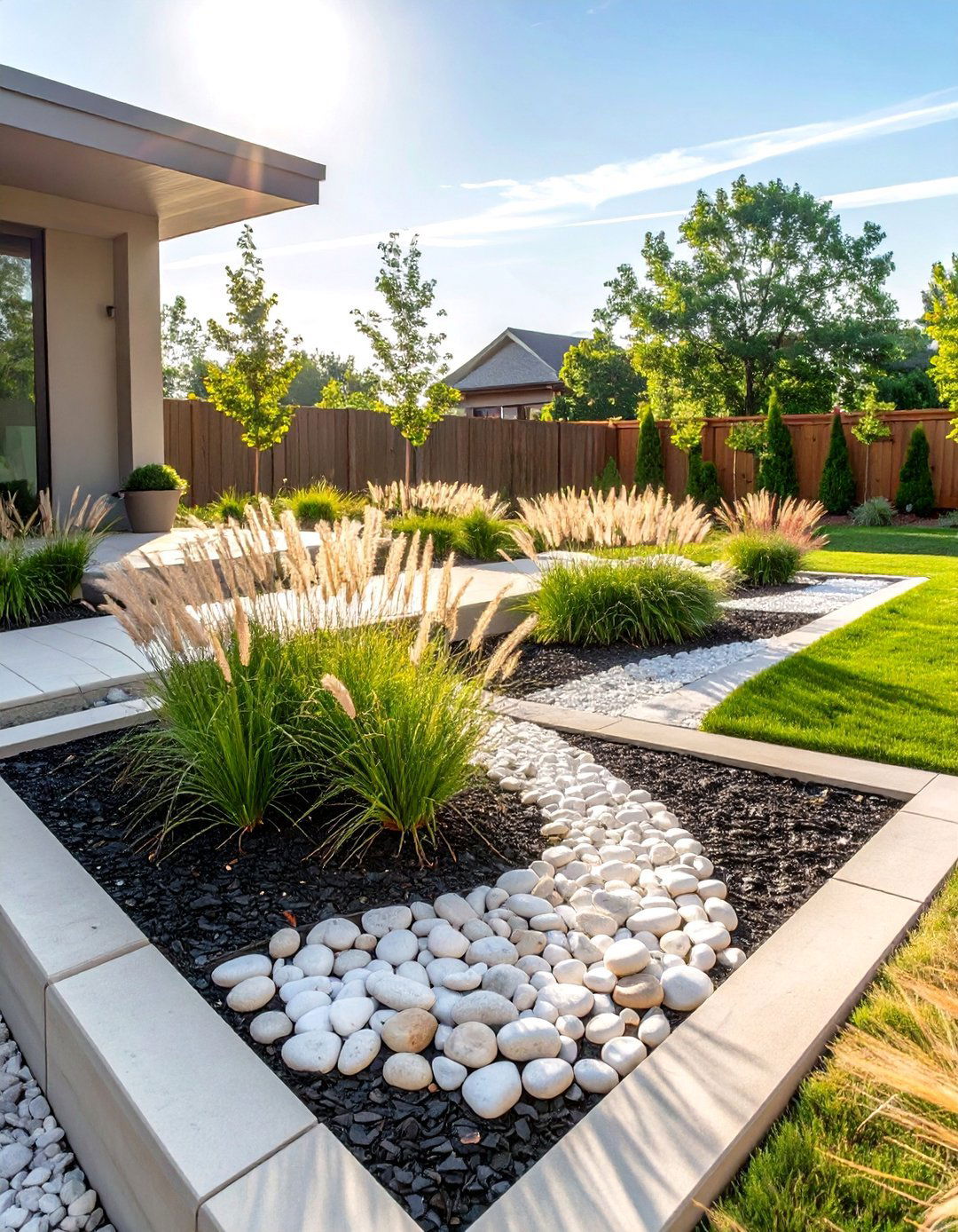 A Modern Mulch and Stone Garden Bed - 30 modern backyard ideas on a budget