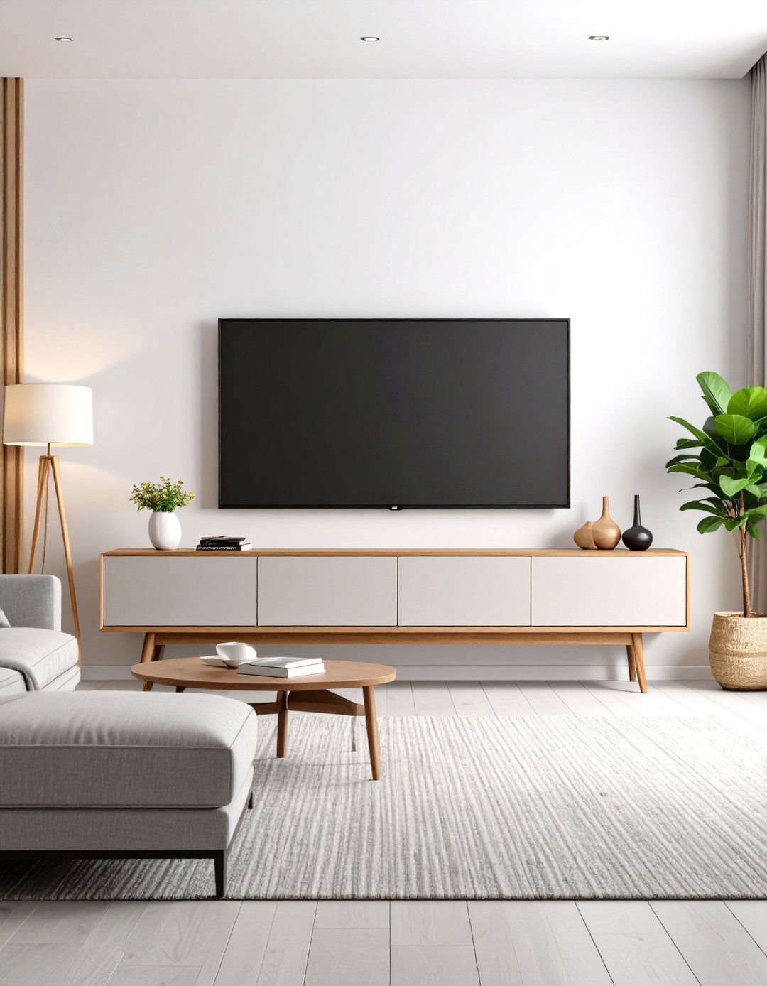 A Monochromatic Living Room with a Seamless TV - 30 living room ideas with tv