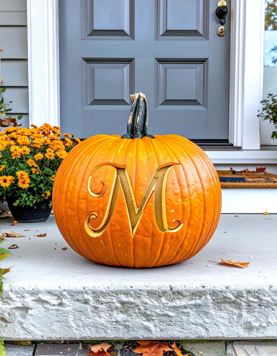 A Monogrammed Pumpkin on the Porch - 30 outdoor fall decor ideas
