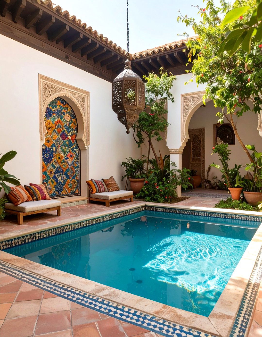 A Moroccan Courtyard Pool with Tiles - 30 backyard pool landscaping ideas