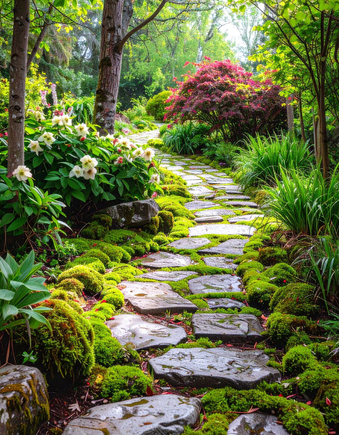 A Moss and Stone Path Garden - 30 low maintenance cottage garden ideas