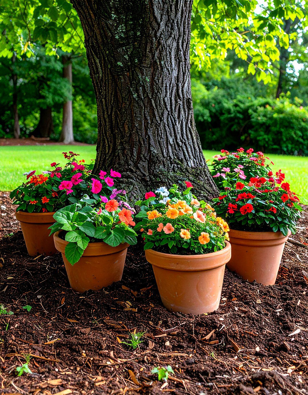 A Mulch Bed with Container Gardens - 30 landscaping ideas around tree roots