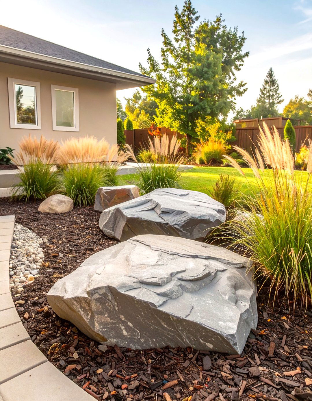A Mulch and Boulder Landscape Backyard - 30 cheap backyard ideas