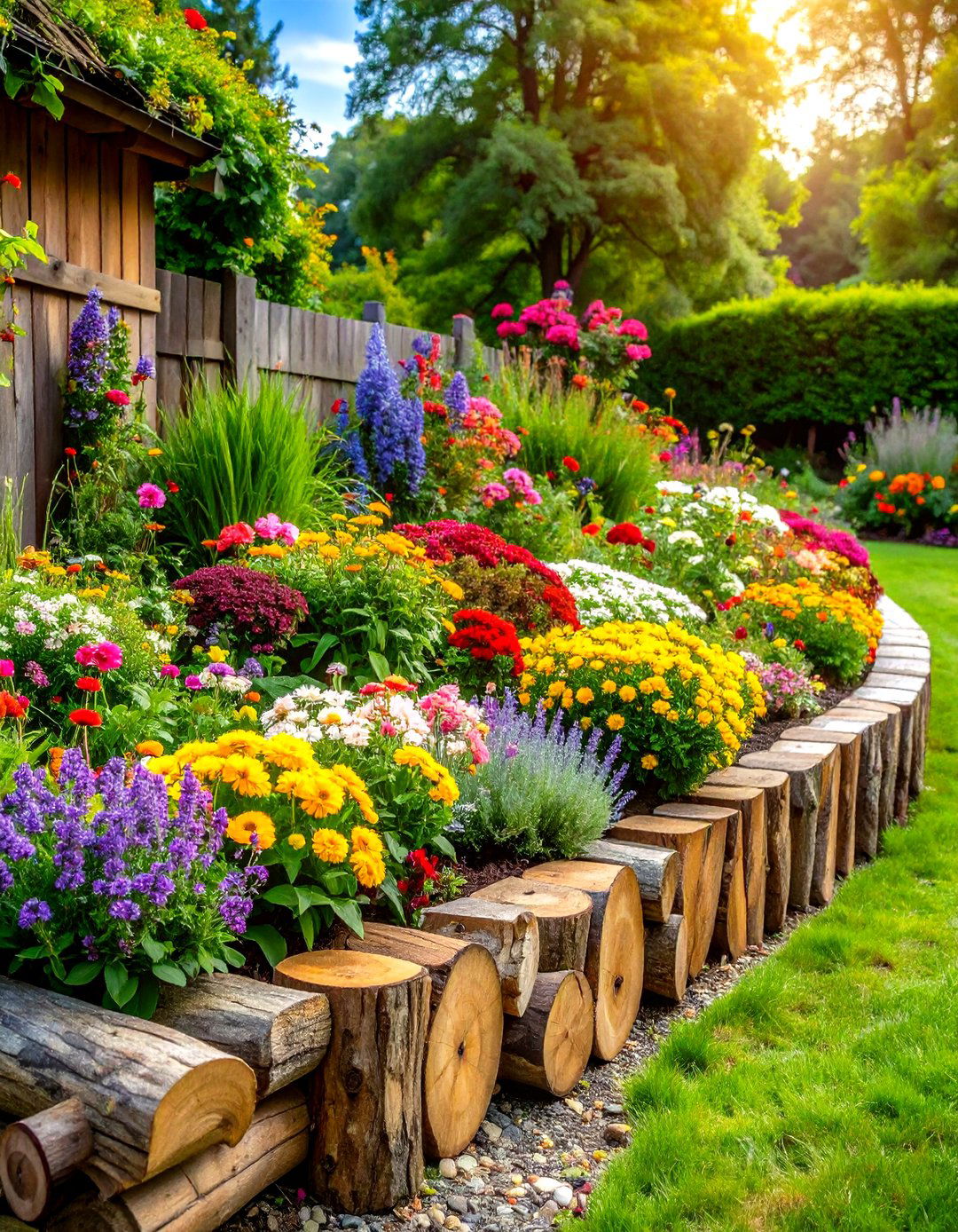 A Natural Log Border for Garden Beds - 30 inexpensive landscaping ideas