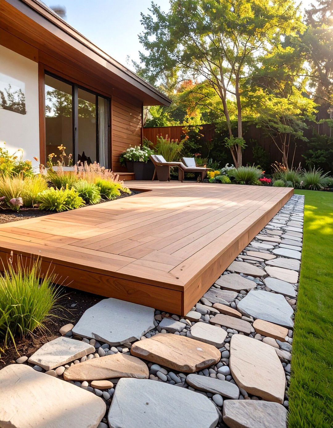 A Natural Stone Border Deck - 30 inexpensive deck ideas