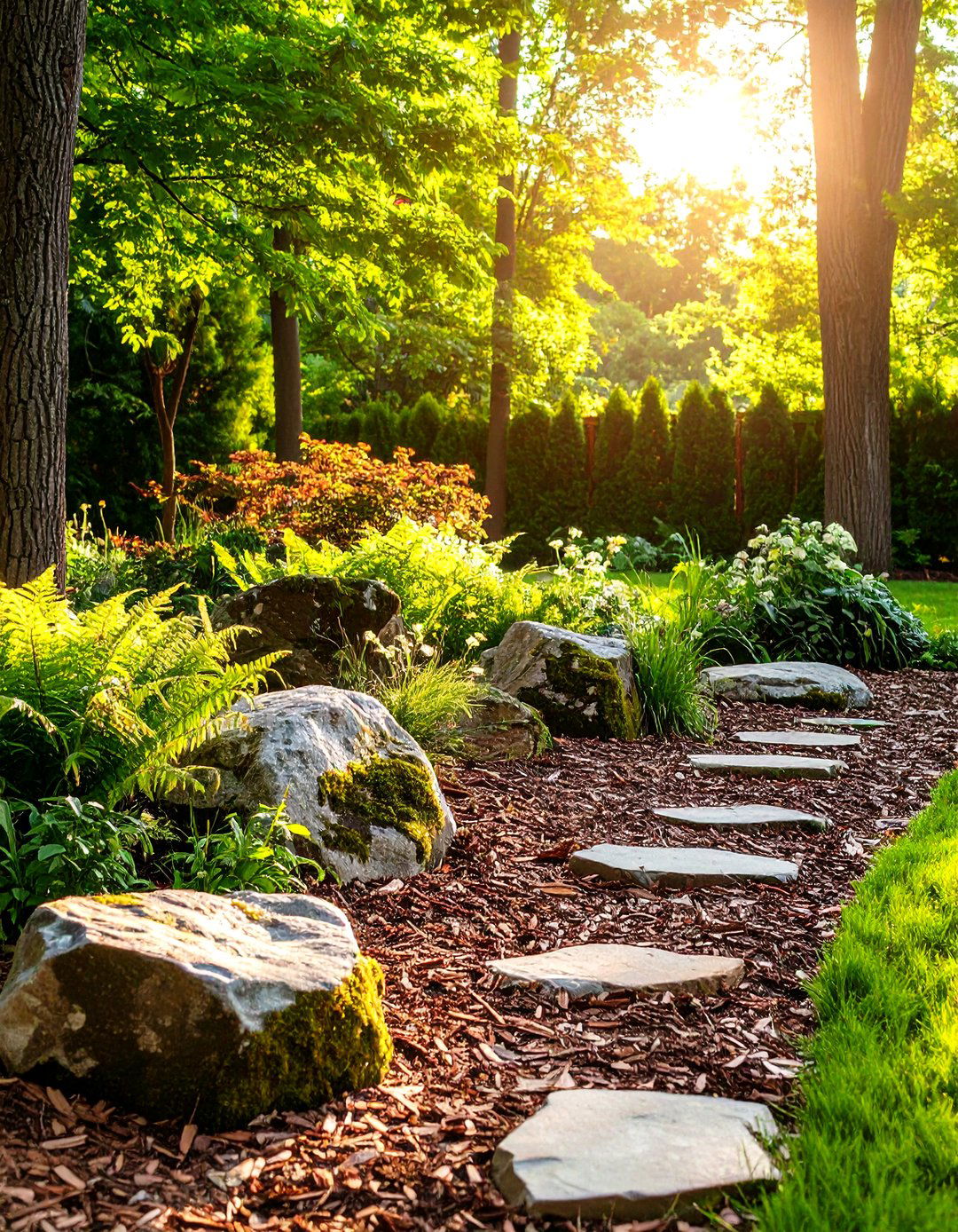 A Naturalistic Woodland Clearing - 30 front yard landscaping ideas with rocks and mulch