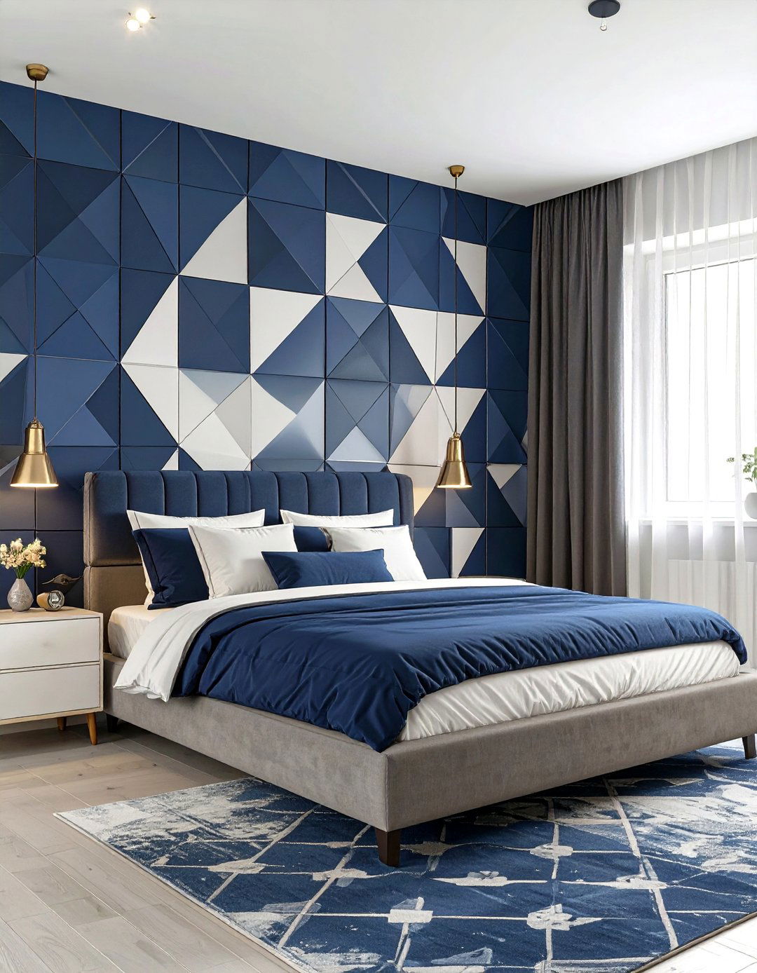 A Navy Bedroom with Geometric Patterns - 30 navy bedroom ideas