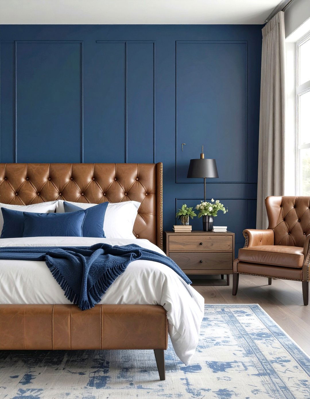 A Navy Bedroom with Leather Accents - 30 navy bedroom ideas