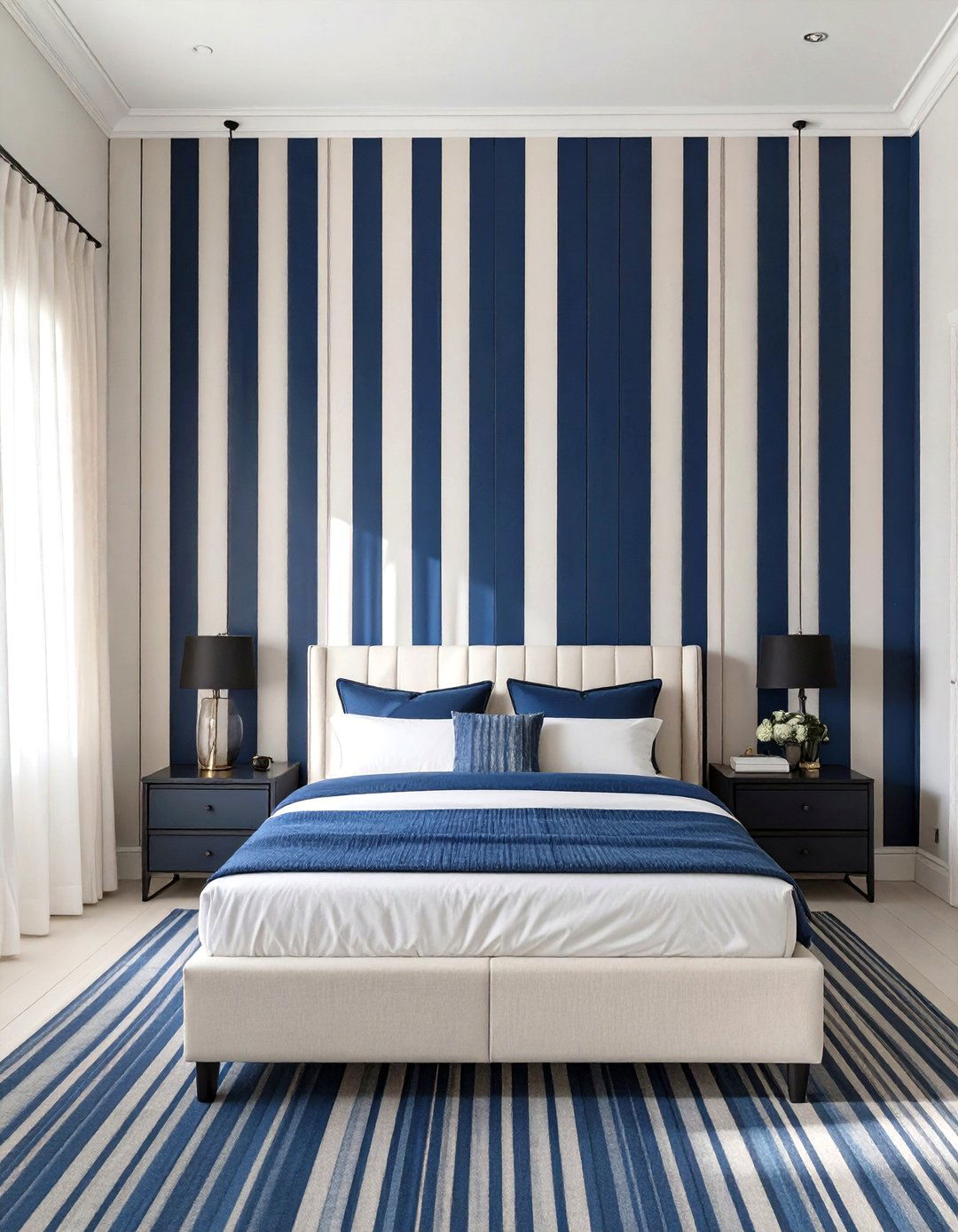 A Navy Bedroom with Striped Walls - 30 navy bedroom ideas