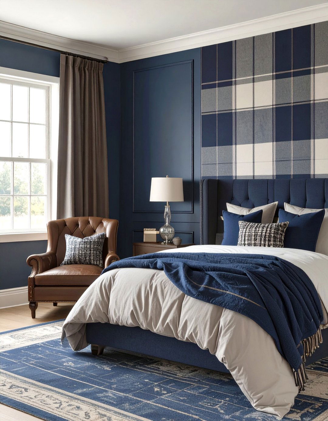 A Navy and Gray Plaid Bedroom - 30 navy bedroom ideas
