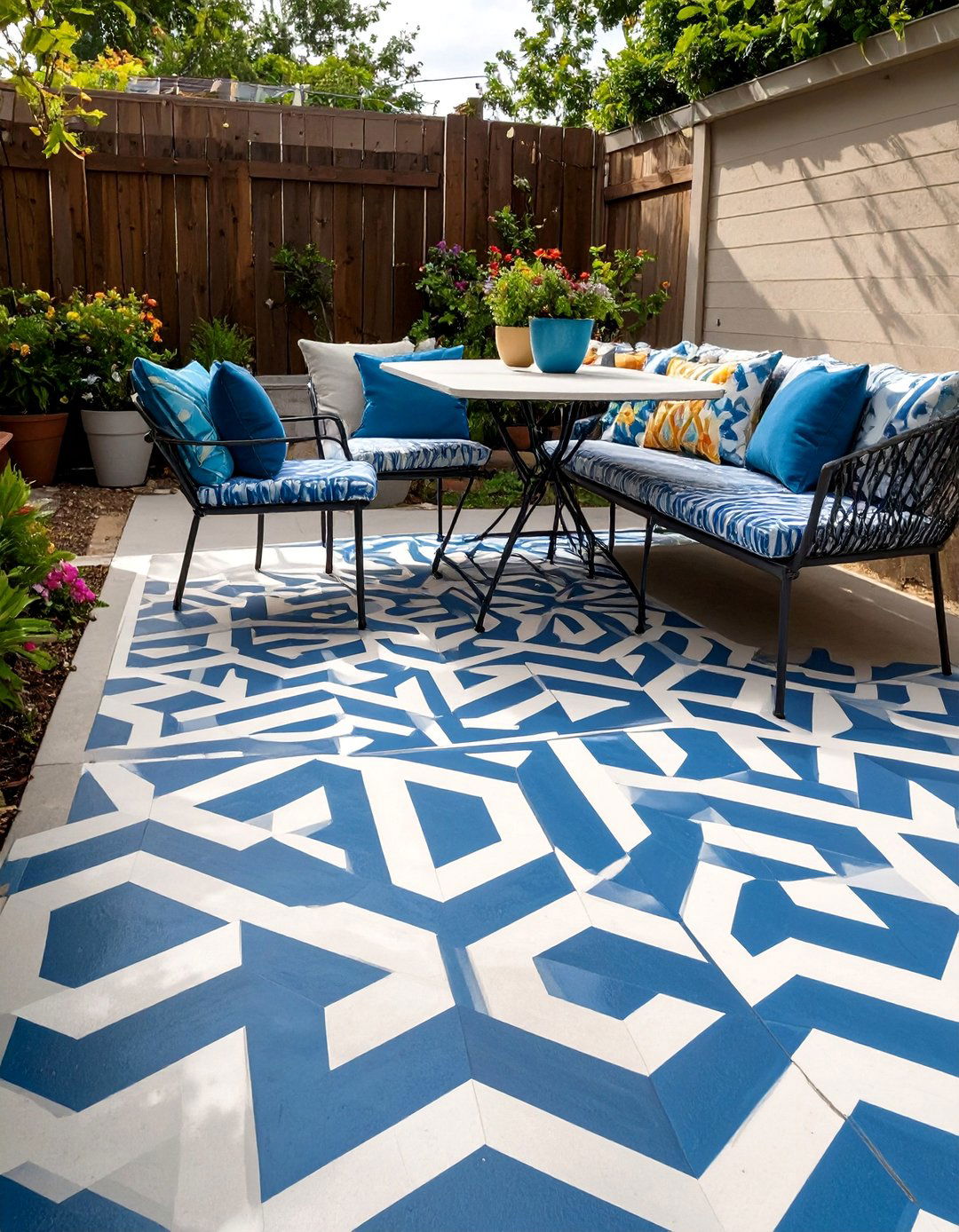A Painted Concrete Patio Floor - 30 budget small backyard ideas
