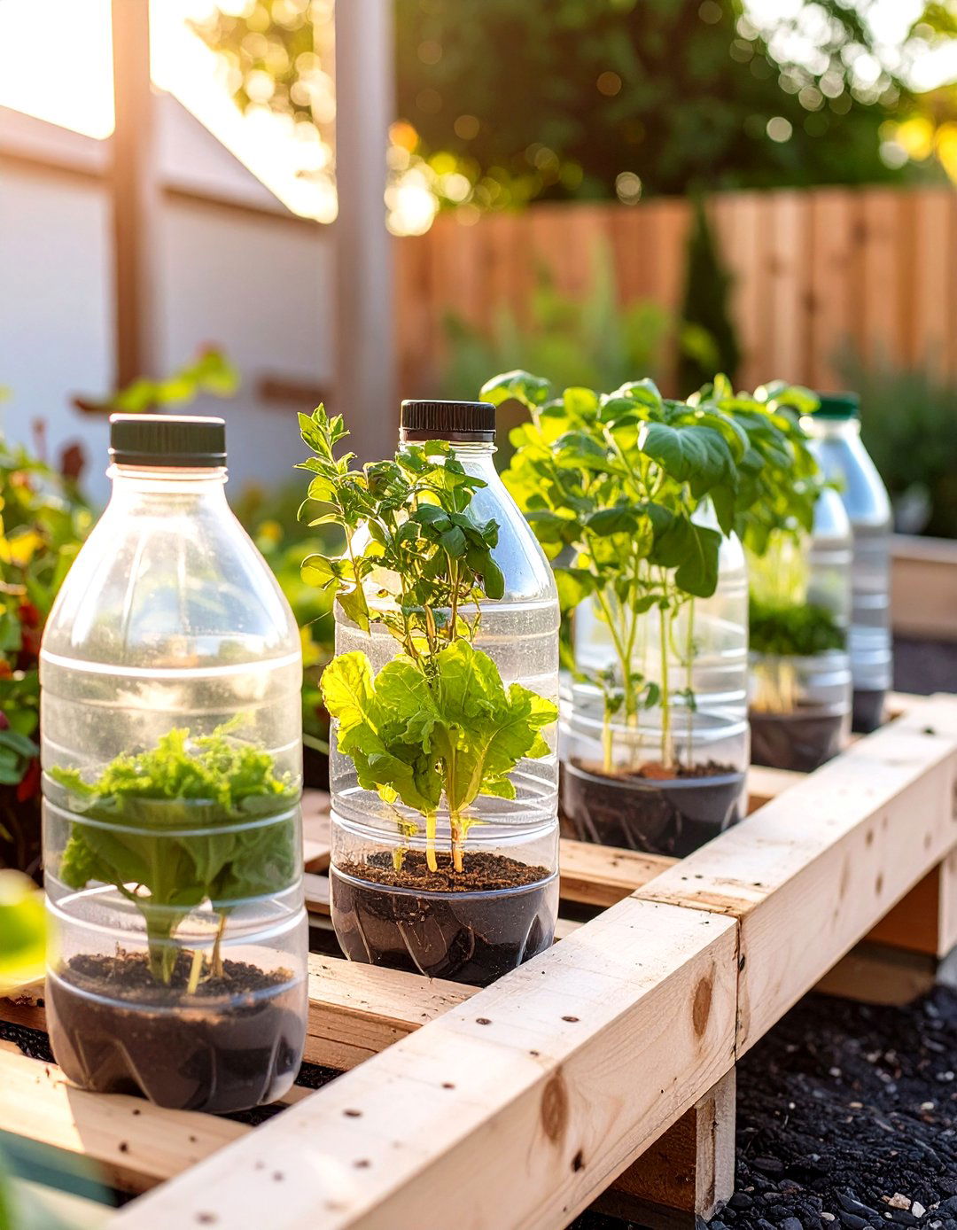 A Pallet Garden with Upcycled Bottle Planters - 30 homemade pallet garden designs