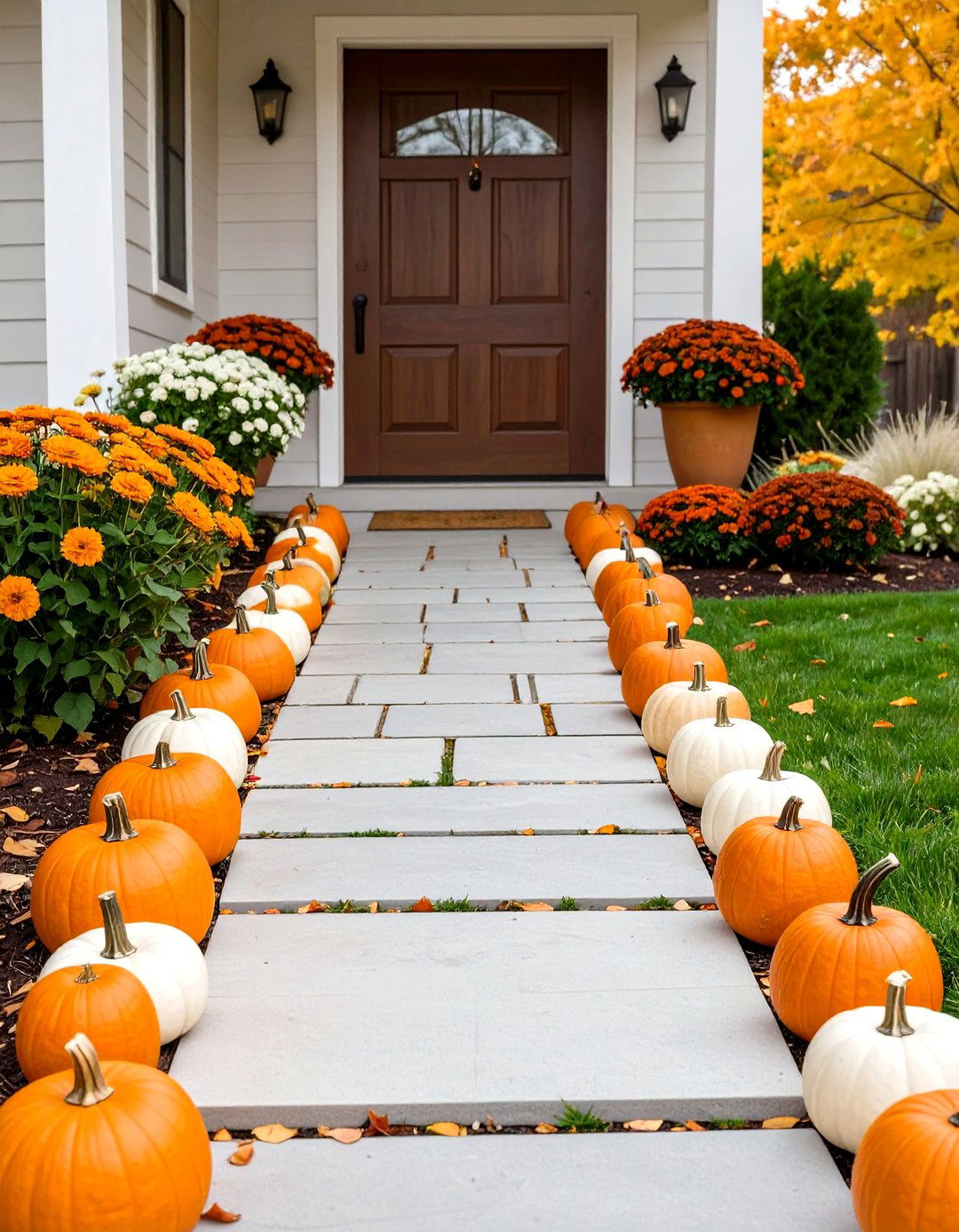 A Pathway Lined with Mini Pumpkins - 30 outdoor fall decor ideas