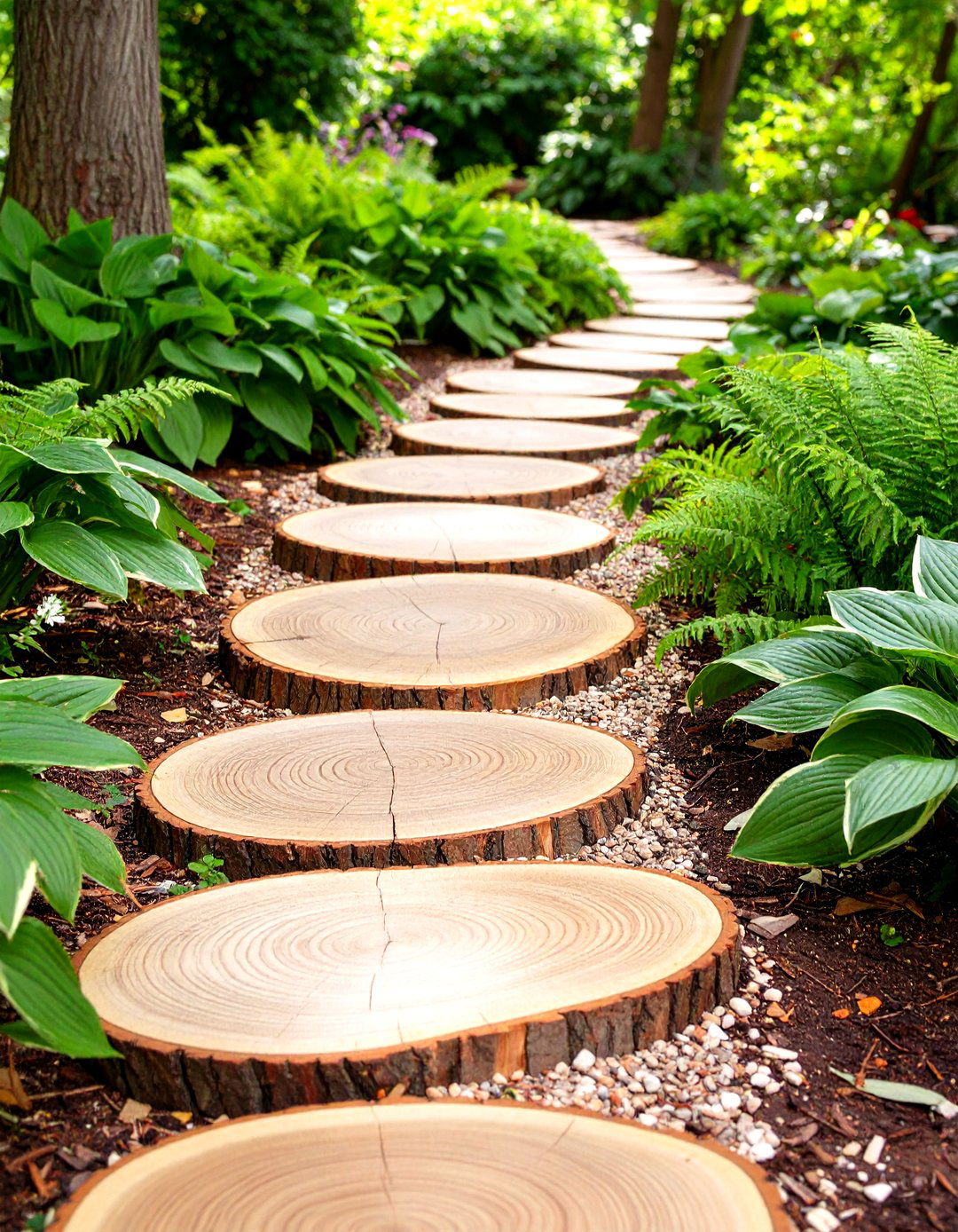 A Pathway of Wooden Slices in a Shady Corner - 30 shady garden corner ideas