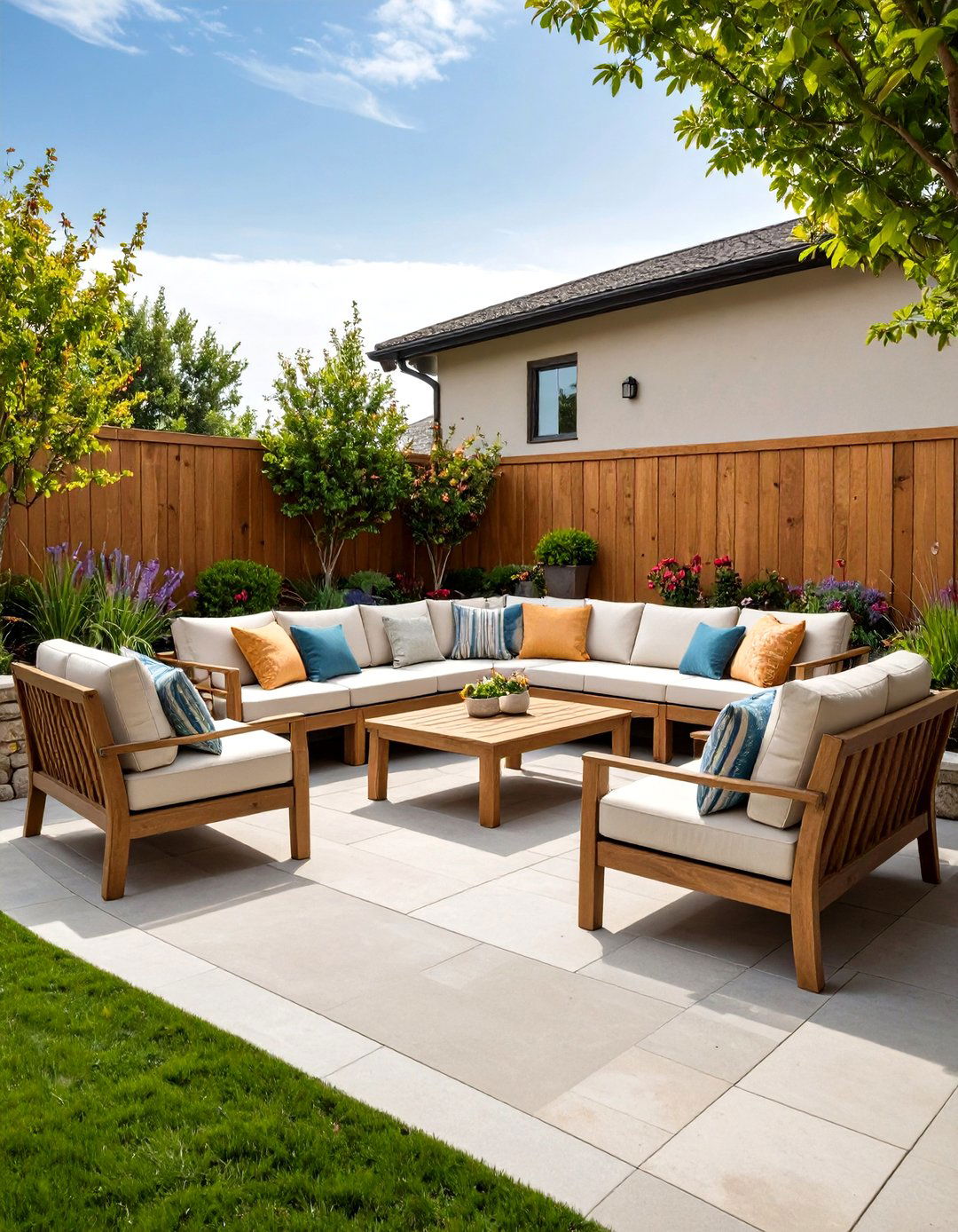 A Patio with Integrated Stone Benches - 30 flagstone patio ideas