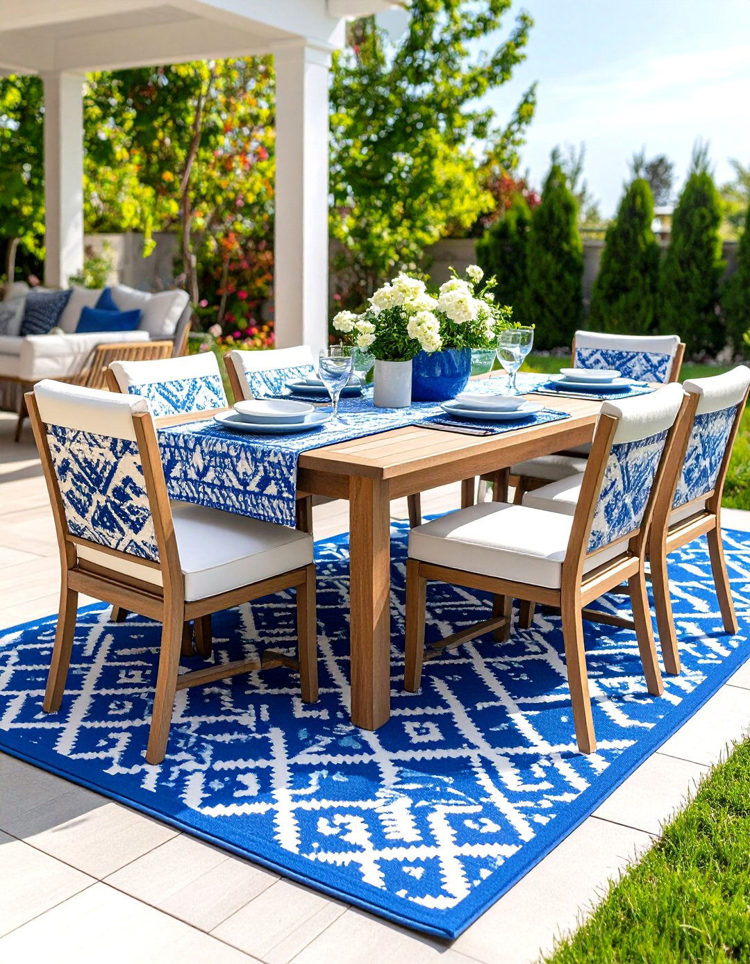A Patterned Outdoor Rug Under the Table - 30 outdoor table decor ideas