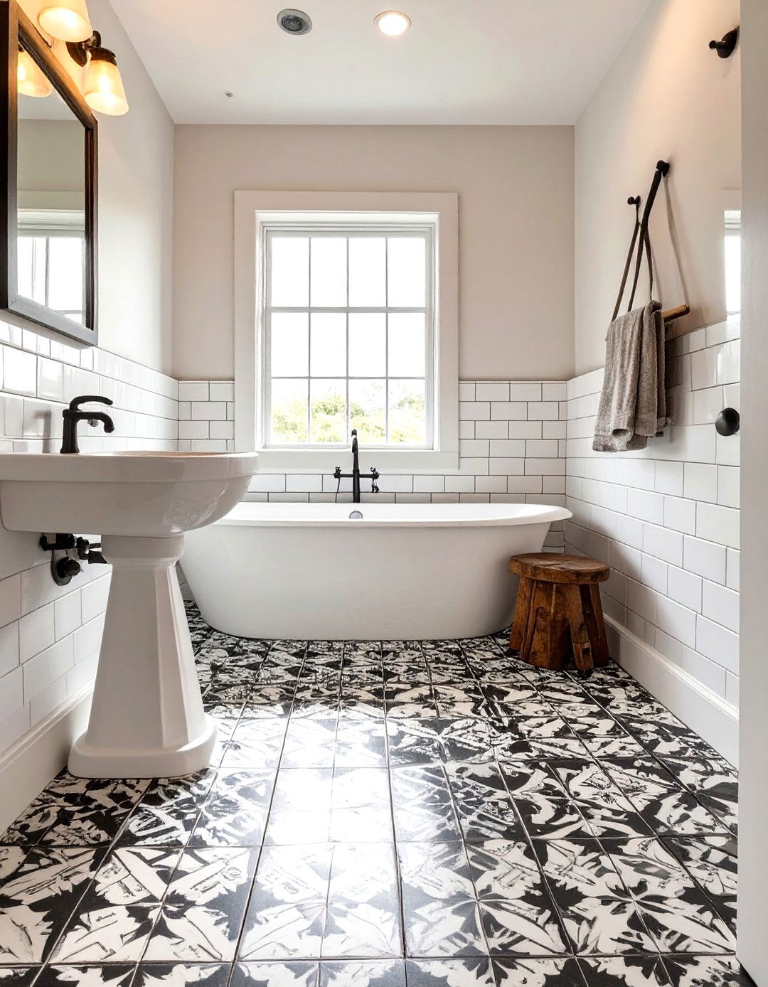 A Patterned Tile Floor Bathroom - 30 farmhouse rustic bathroom ideas