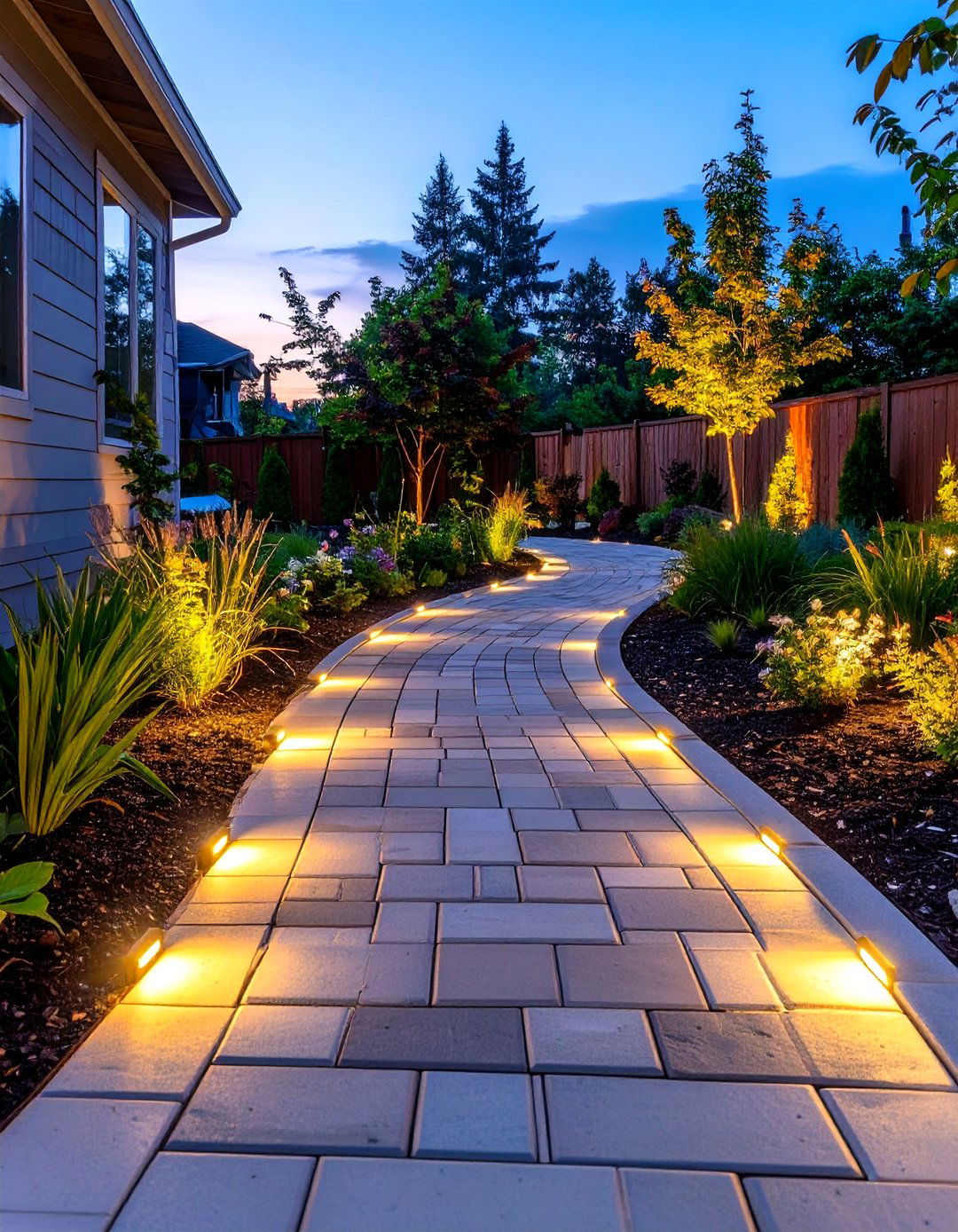 A Paver Path with Integrated Lighting - 30 backyard pavers ideas