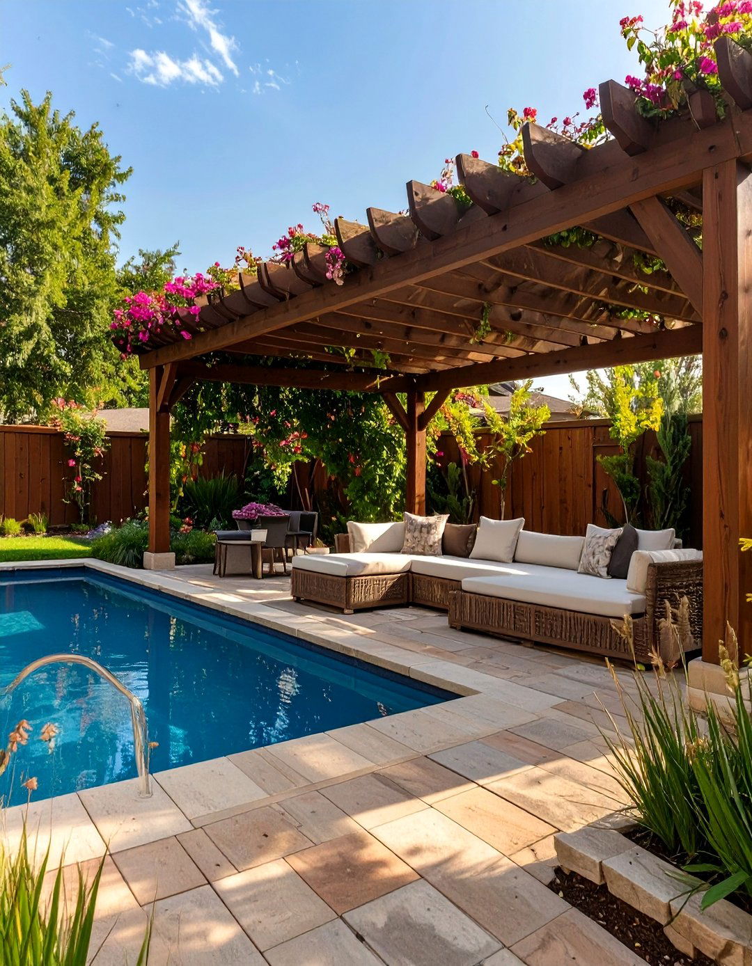 A Paver Patio with a Pergola - 30 above ground pool landscaping ideas