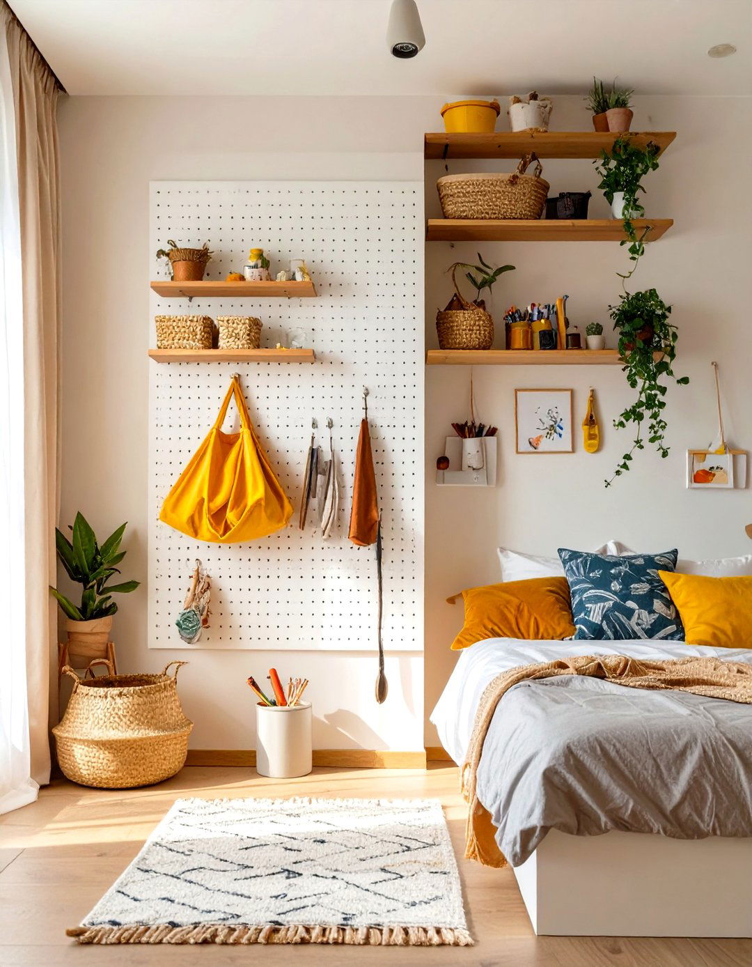 A Pegboard Wall Organizer - 30 small apartment bedroom ideas