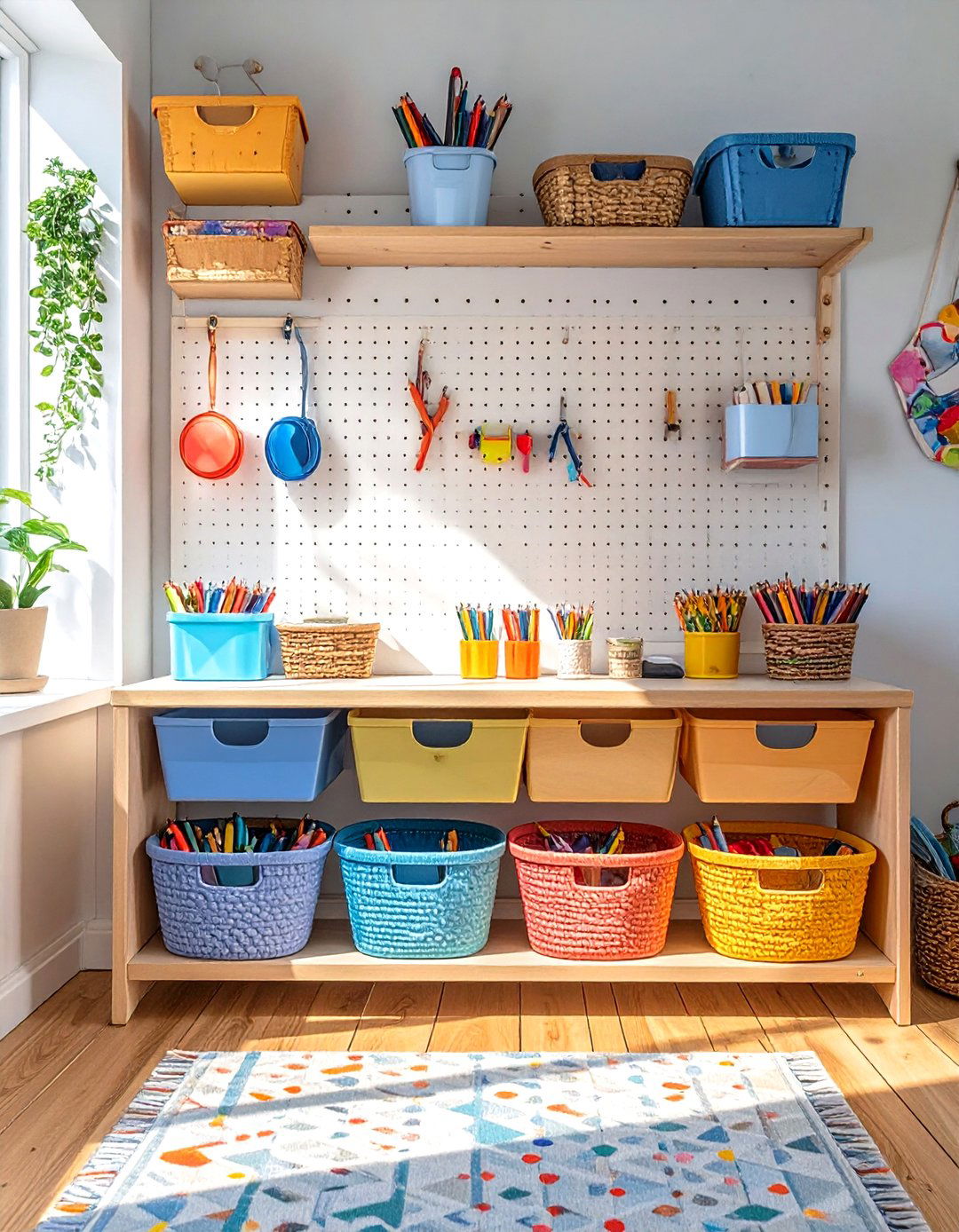 A Pegboard Wall Organizer - 30 small kids bedroom ideas