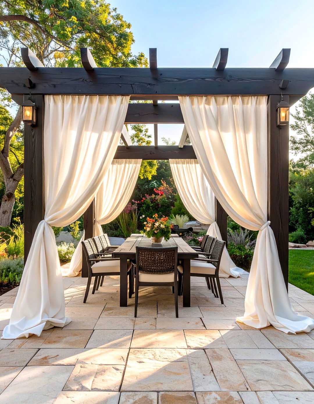 A Pergola with Outdoor Privacy Curtains - 30 useful backyard privacy ideas ththomideas