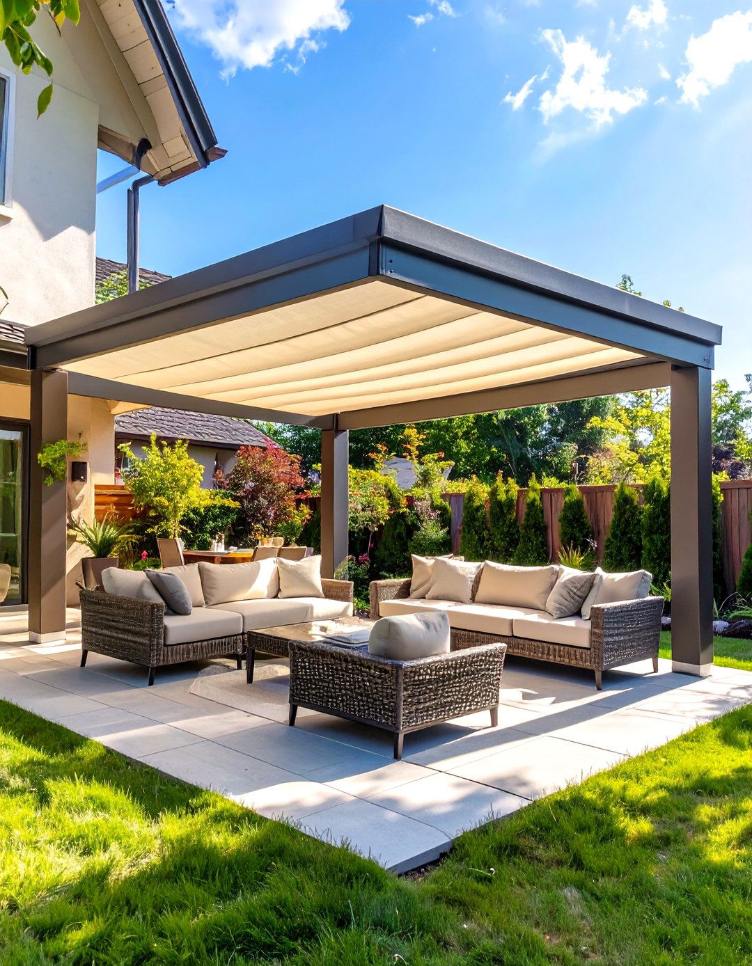 A Pergola with Retractable Canopy - 30 attached covered patio ideas