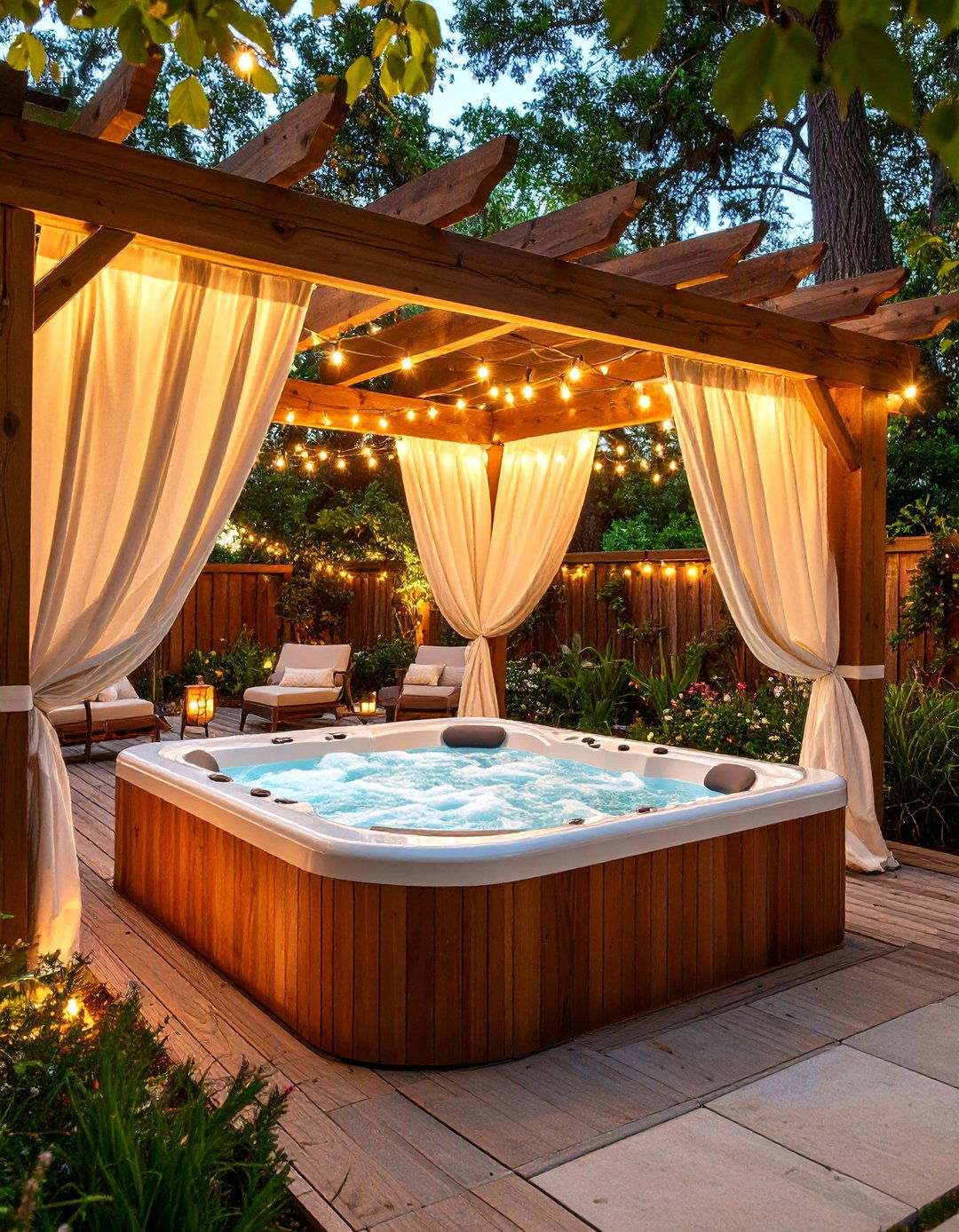 A Pergola with Retractable Curtains - 30 backyard hot tub privacy ideas