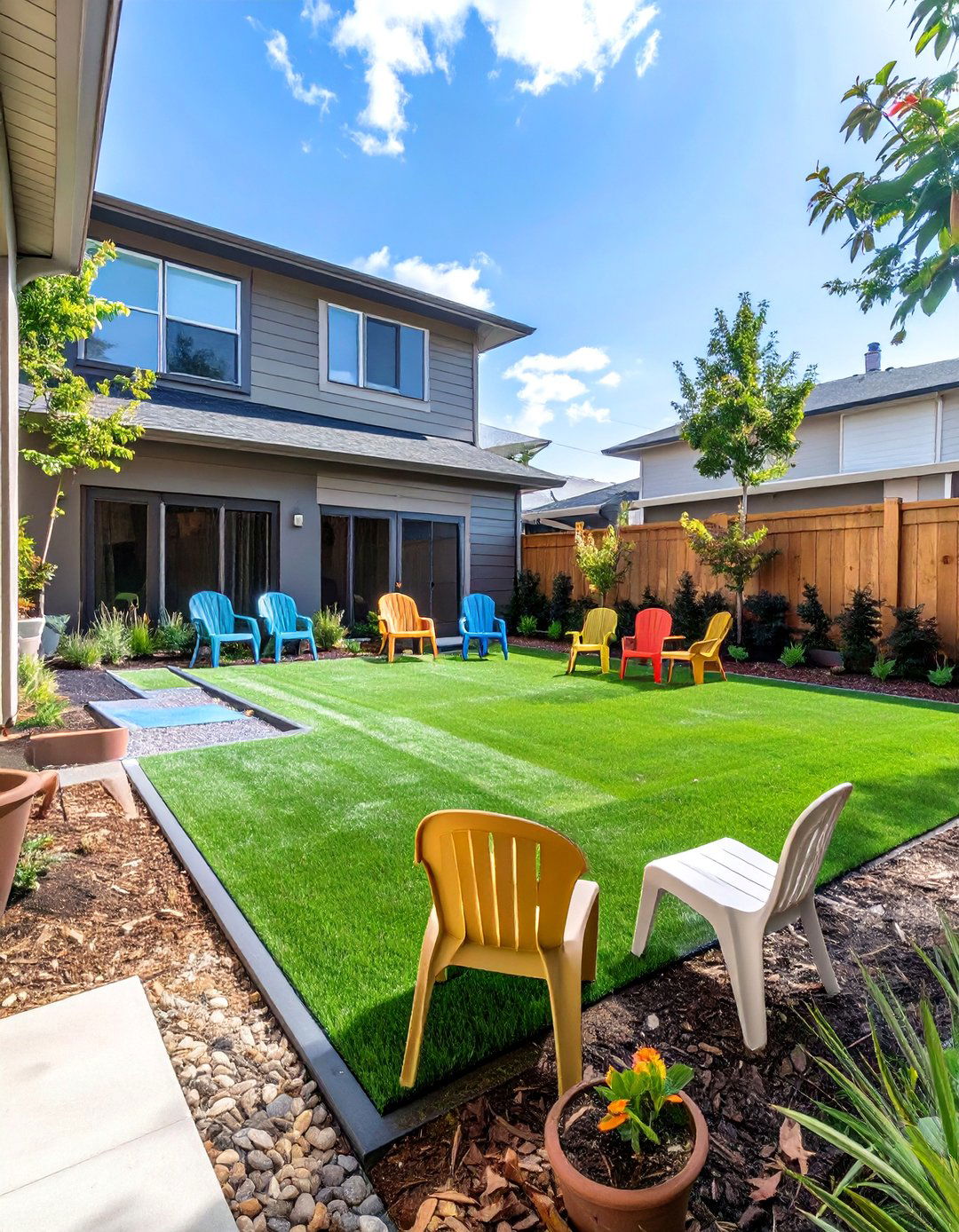 A Playful Artificial Turf Zone - 30 budget backyard ideas no grass