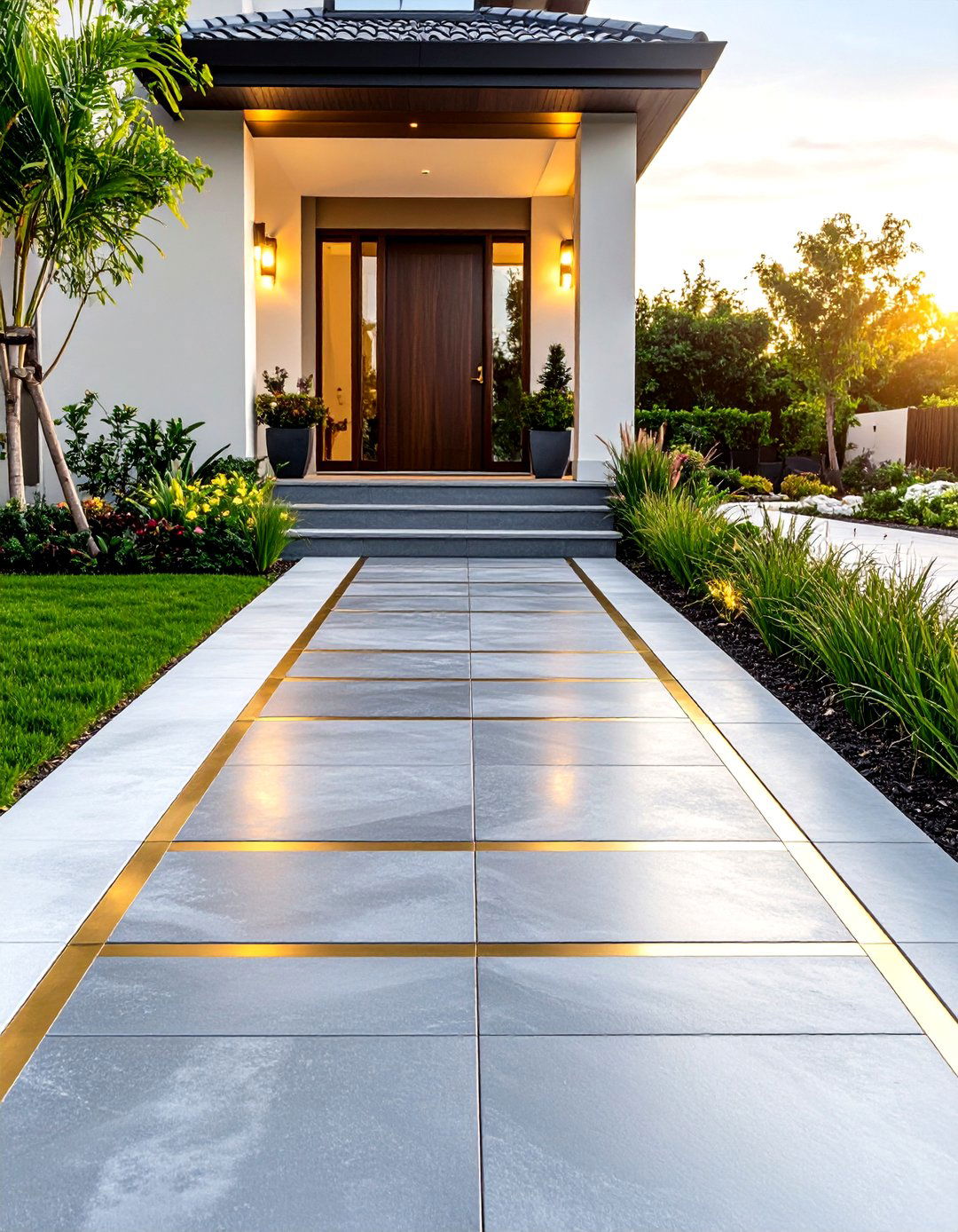 A Polished Concrete Walkway with Brass Inlays - 30 front walkway landscaping ideas