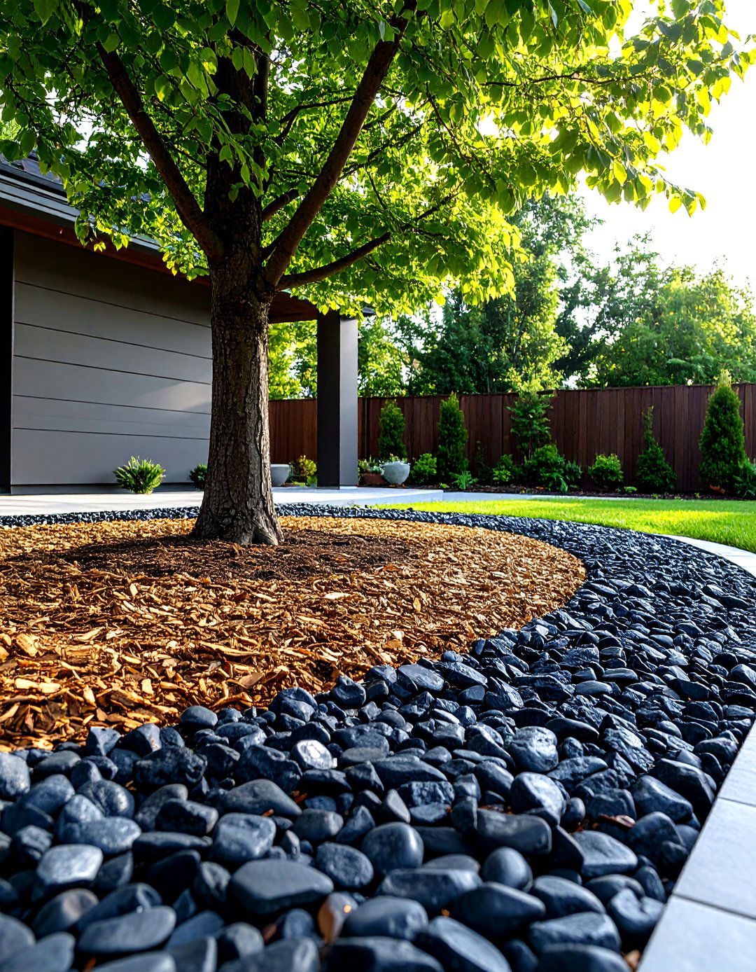 A Polished River Rock Border - 30 landscaping ideas around tree roots