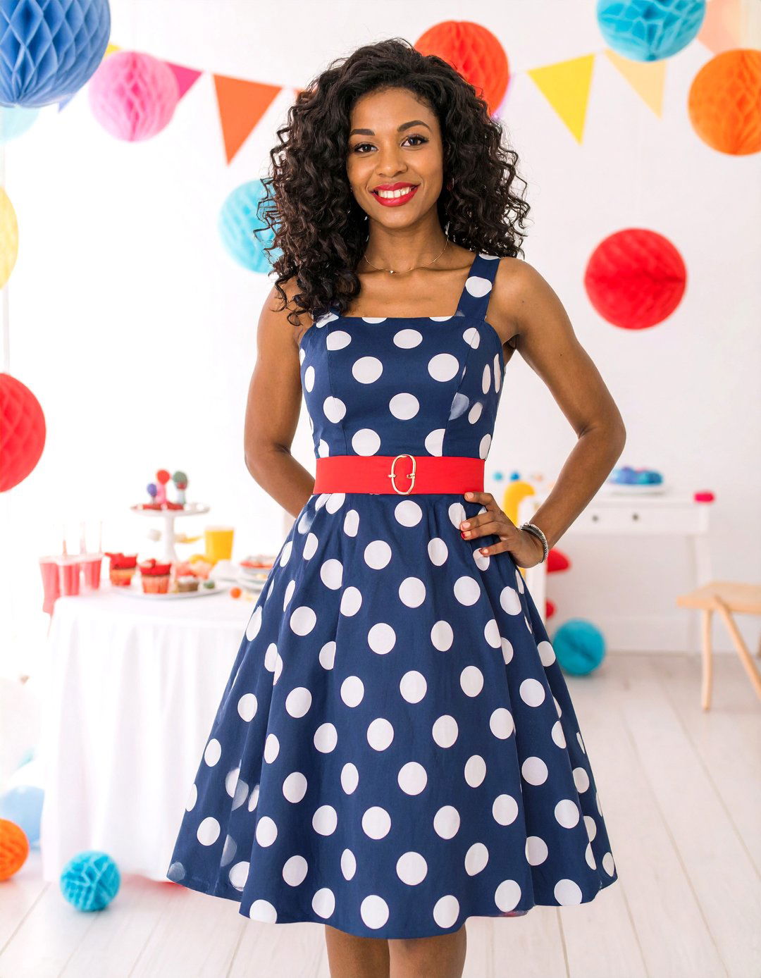 A Polka Dot A Line Dress - 30 baby shower guest outfit ideas