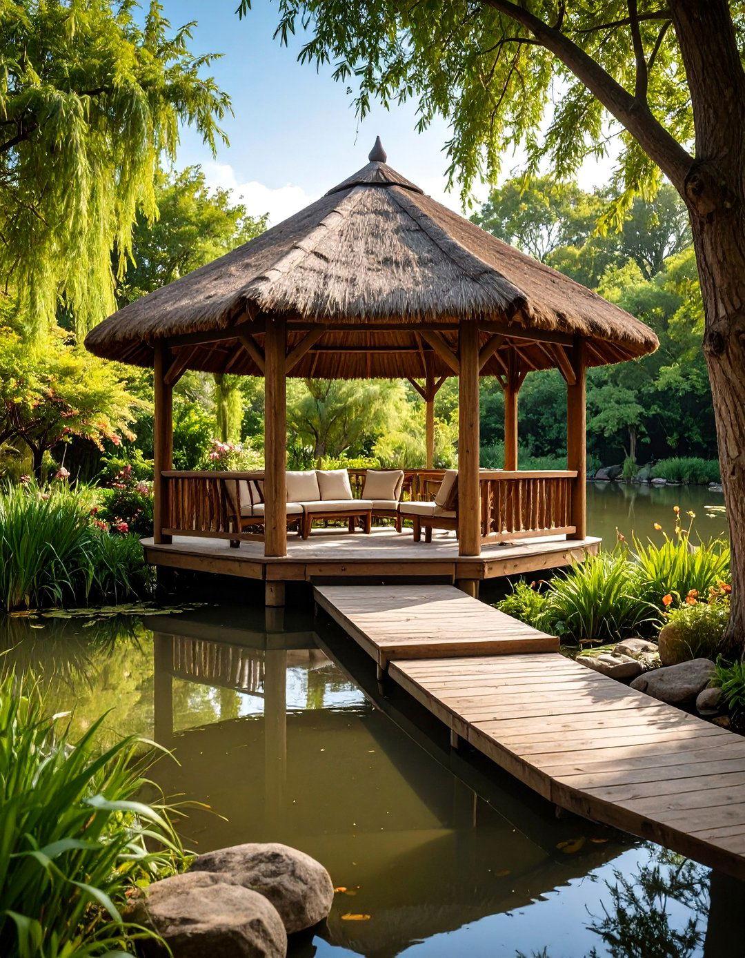 A Pond with a Thatched Roof Gazebo - 30 garden pond ideas