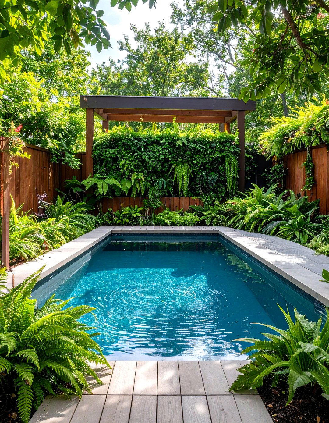 A Pool with an Integrated Planter Wall - 30 pool ideas for small backyard