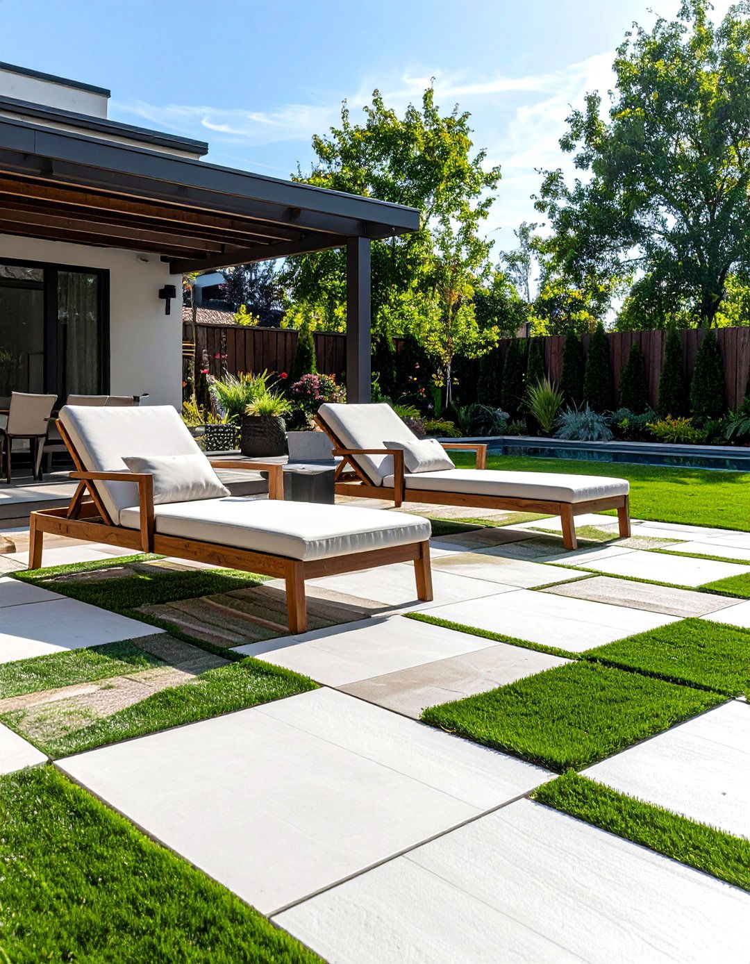 A Poolside Checkerboard Deck - 30 backyard ideas with pavers and turf