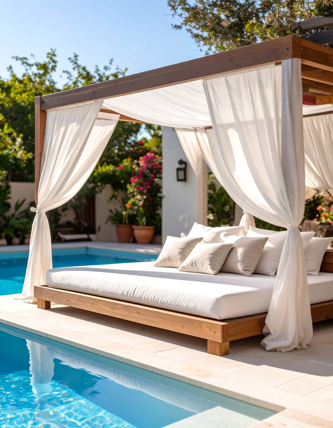 A Poolside Daybed with a Canopy - 30 backyard shade ideas