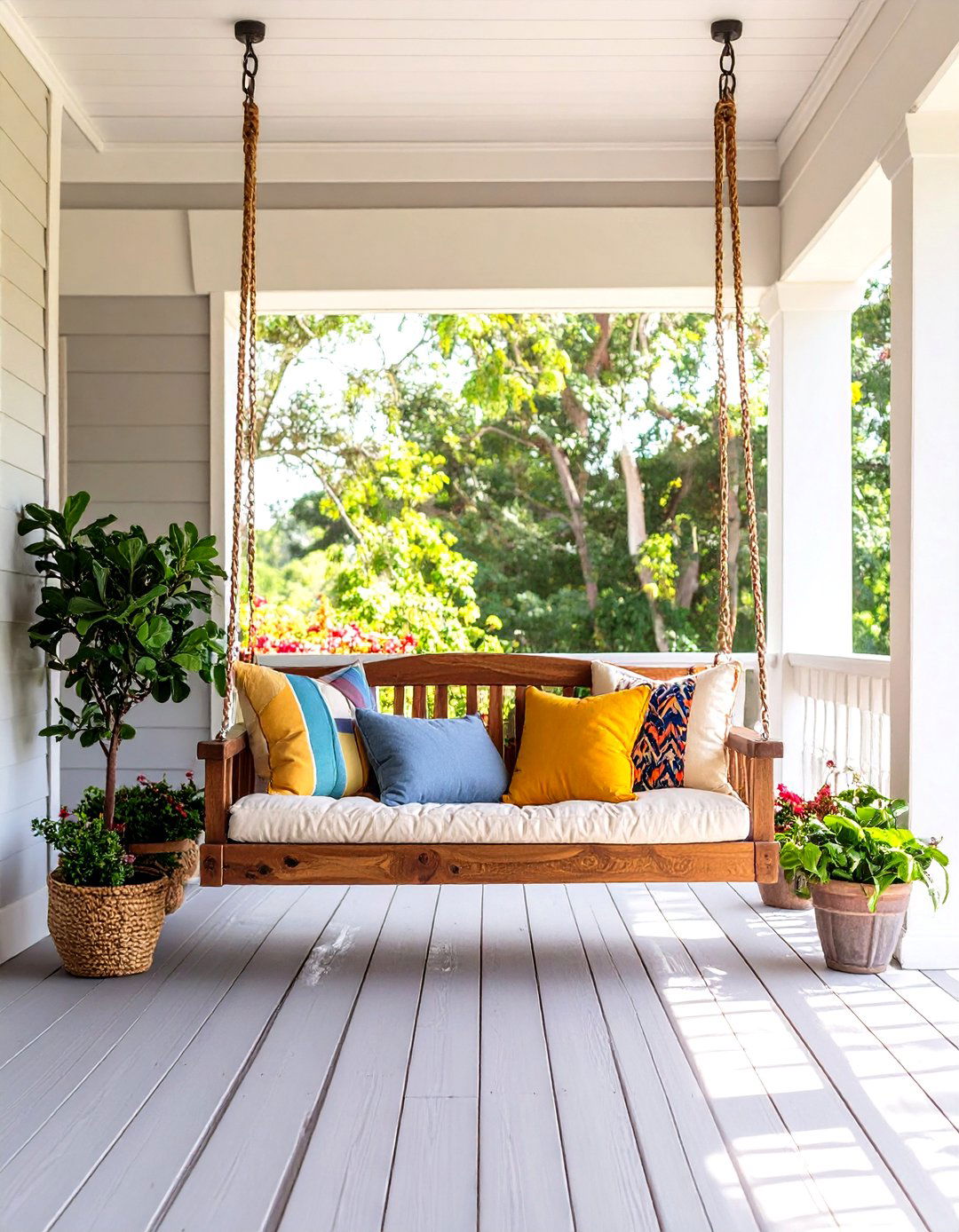 A Porch Swing as the Centerpiece - 30 long front porch decorating ideas