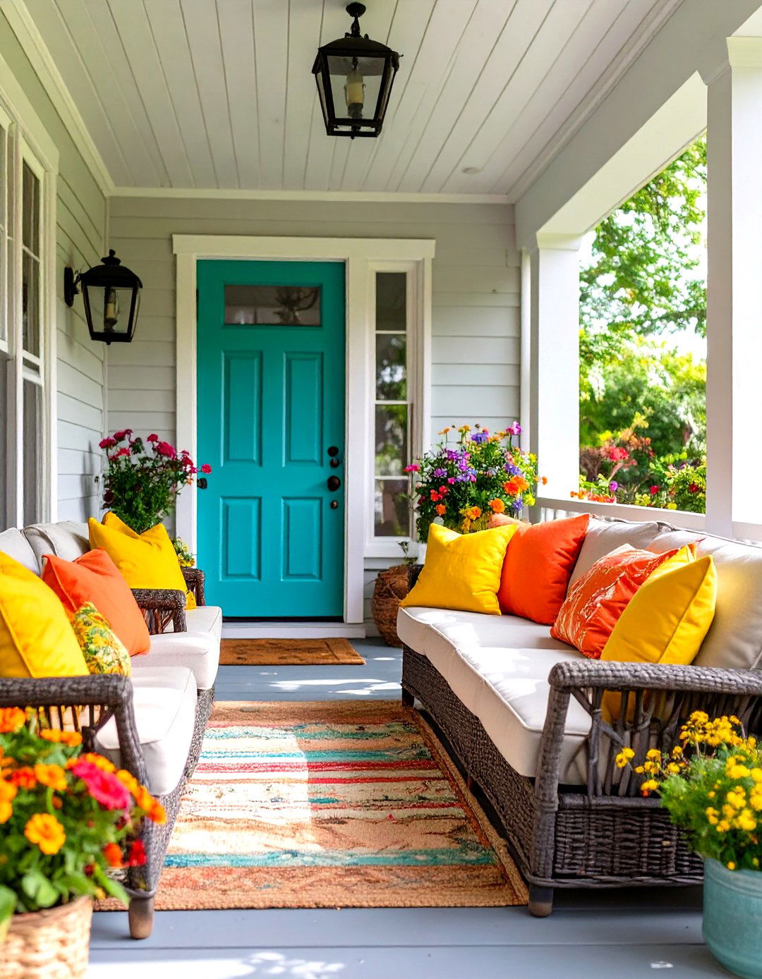 A Porch with a Cheerful Color Pop - 30 long front porch decorating ideas