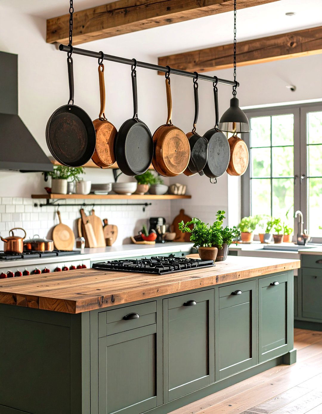 A Pot Rack in the Kitchen - 30 rustic home decor ideas