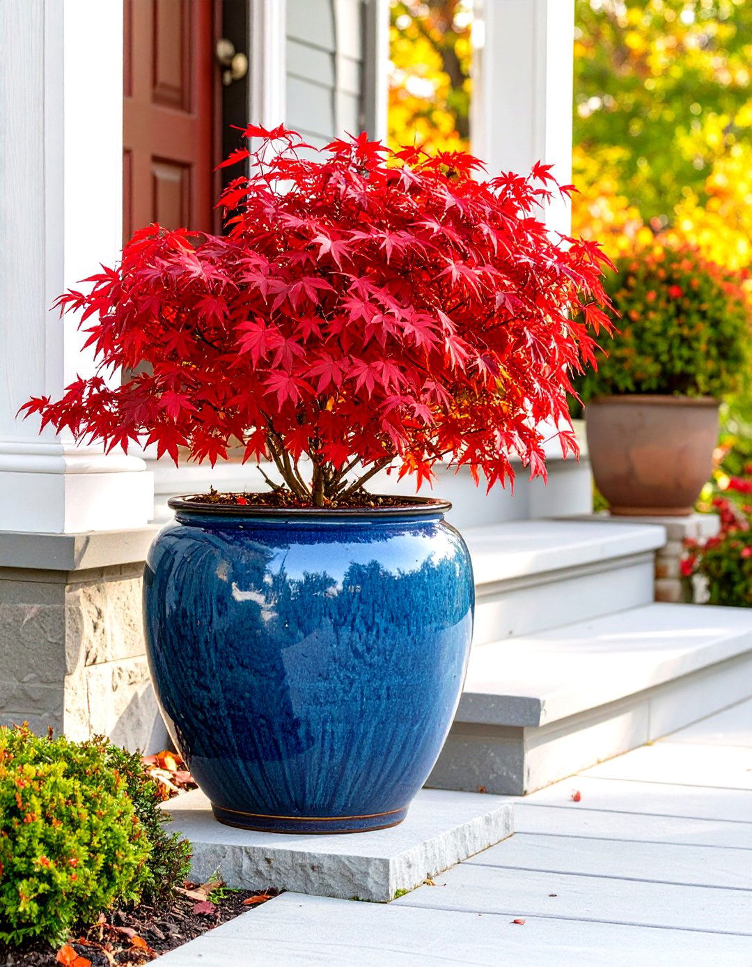 A Potted Dwarf Tree near the Entrance - 30 small area cheap simple front yard landscaping ideas