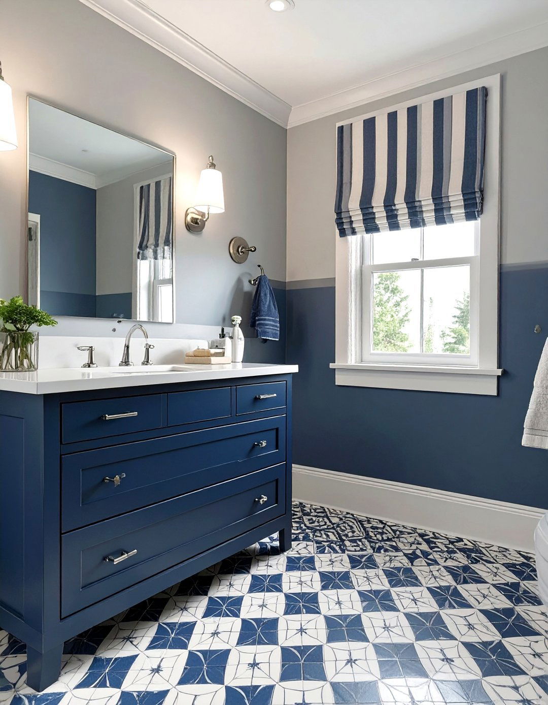 A Preppy Bathroom with Polished Style - 30 navy blue vanity bathroom ideas