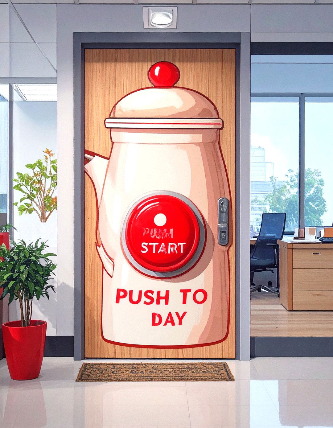 A Push to Start Coffee Pot - 30 office funny  door decorating contest ideas