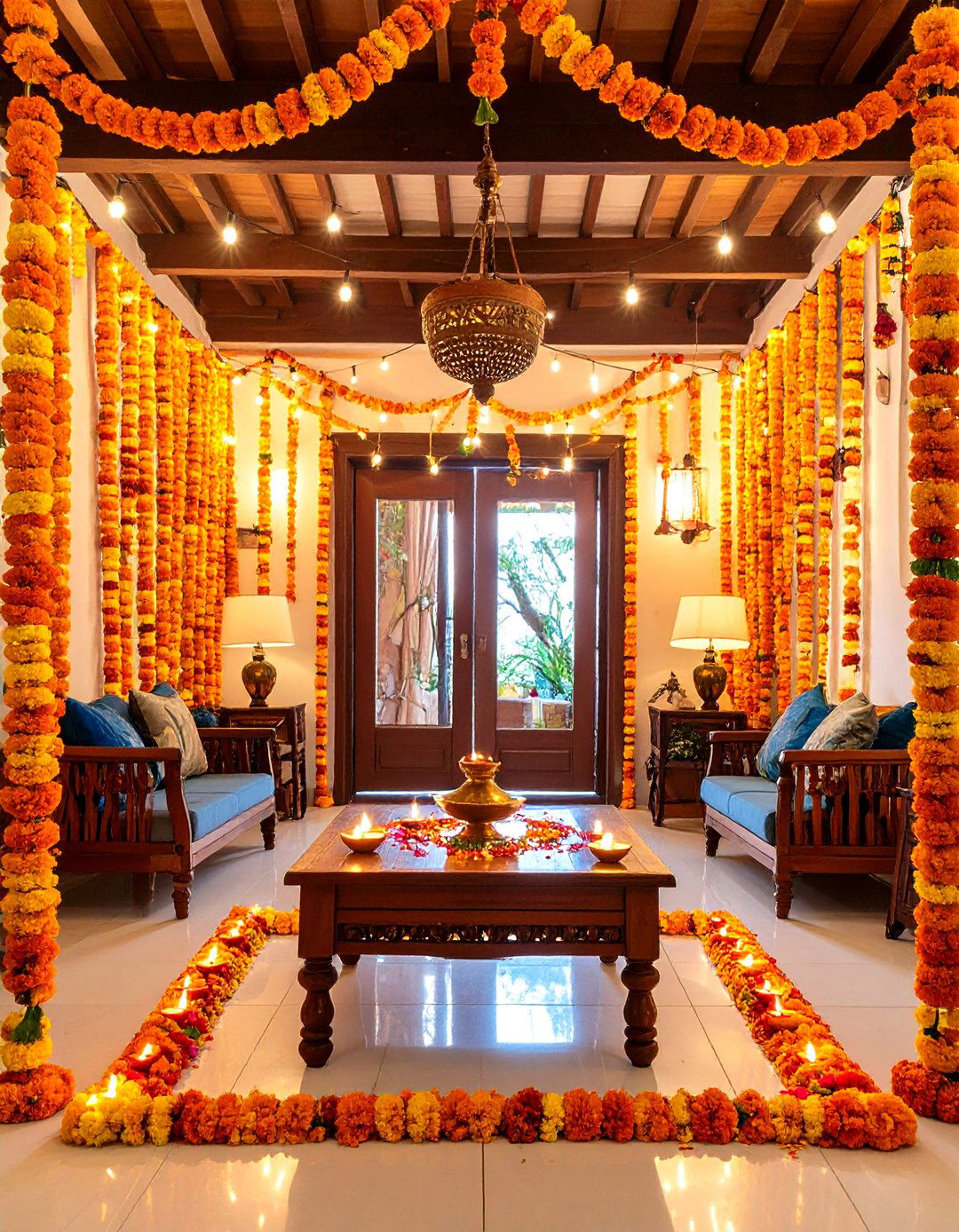 A Radiant Marigold and Diya Welcome - 30 diwali decoration ideas for living room