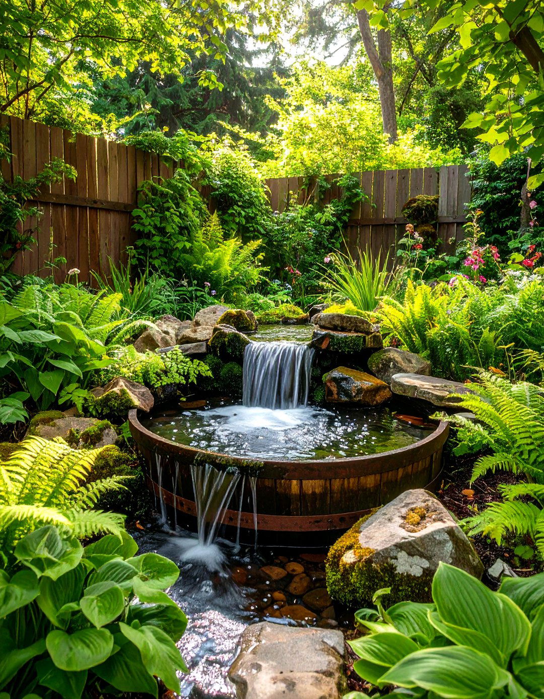 A Rain Barrel Water Feature Garden - 30 inexpensive landscaping ideas