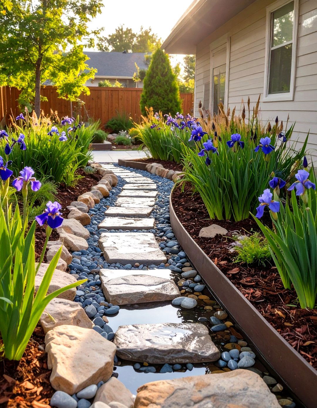 A Rain Garden with River Rocks and Water Loving Plants - 30 low maintenance front yard landscaping ideas with rocks and mulch