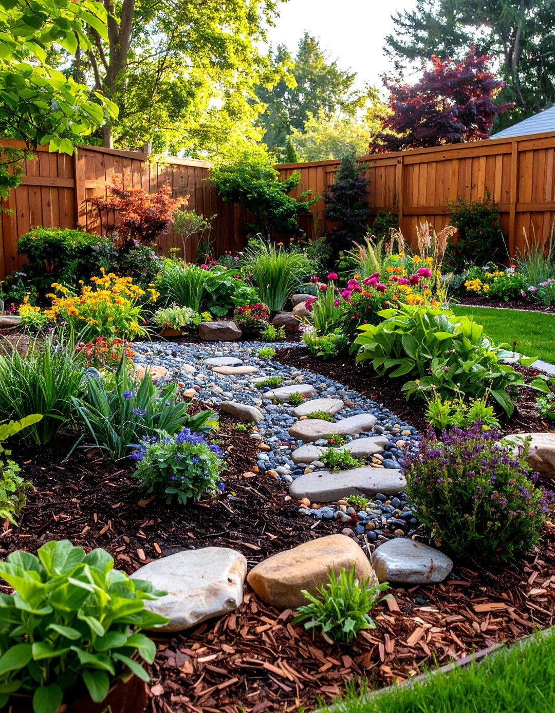 A Rain Garden with River Rocks - 30 front yard landscaping ideas with rocks and mulch
