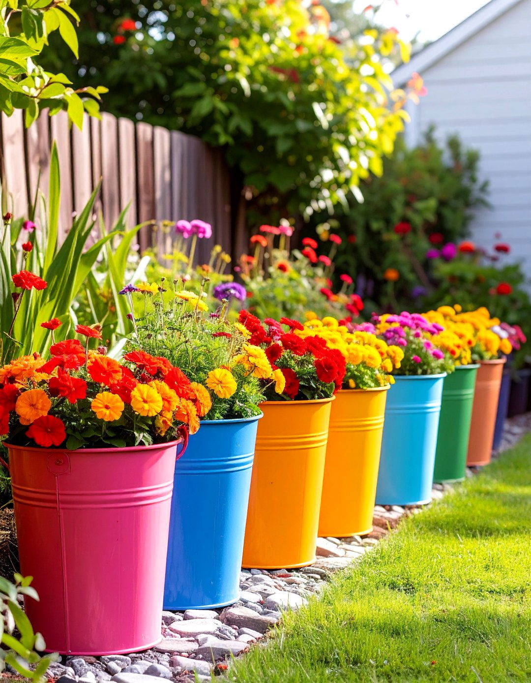 A Rainbow Themed Bucket Garden - 30 bucket garden ideas