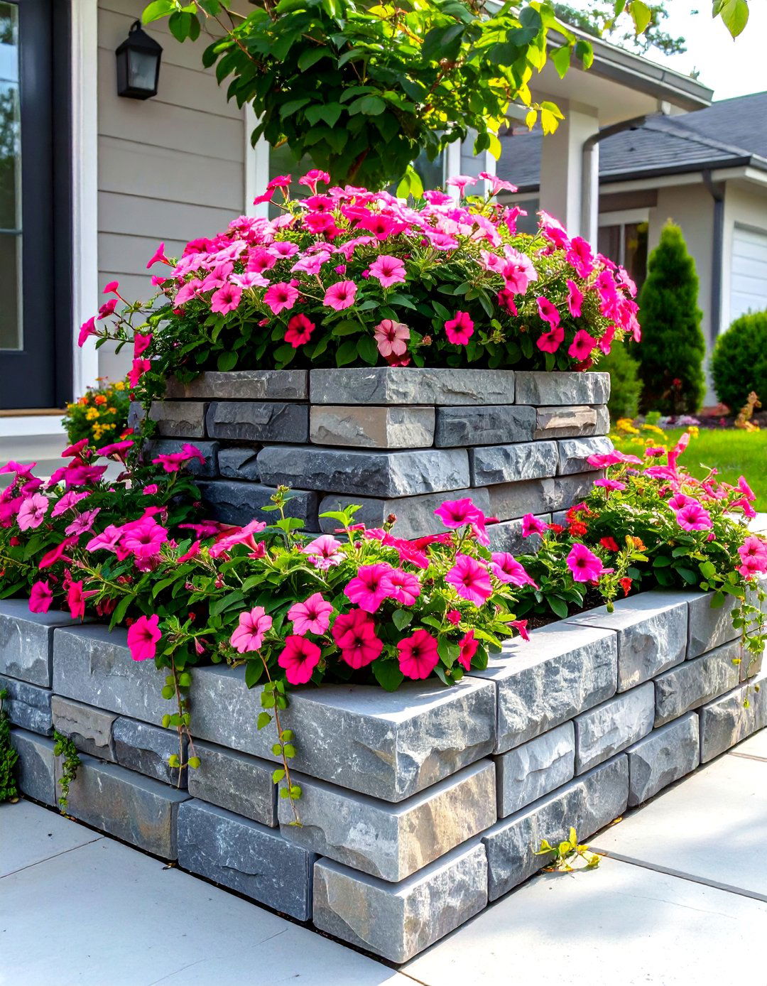A Raised Flower Bed with Stone Blocks - 30 simple front yard flower bed ideas